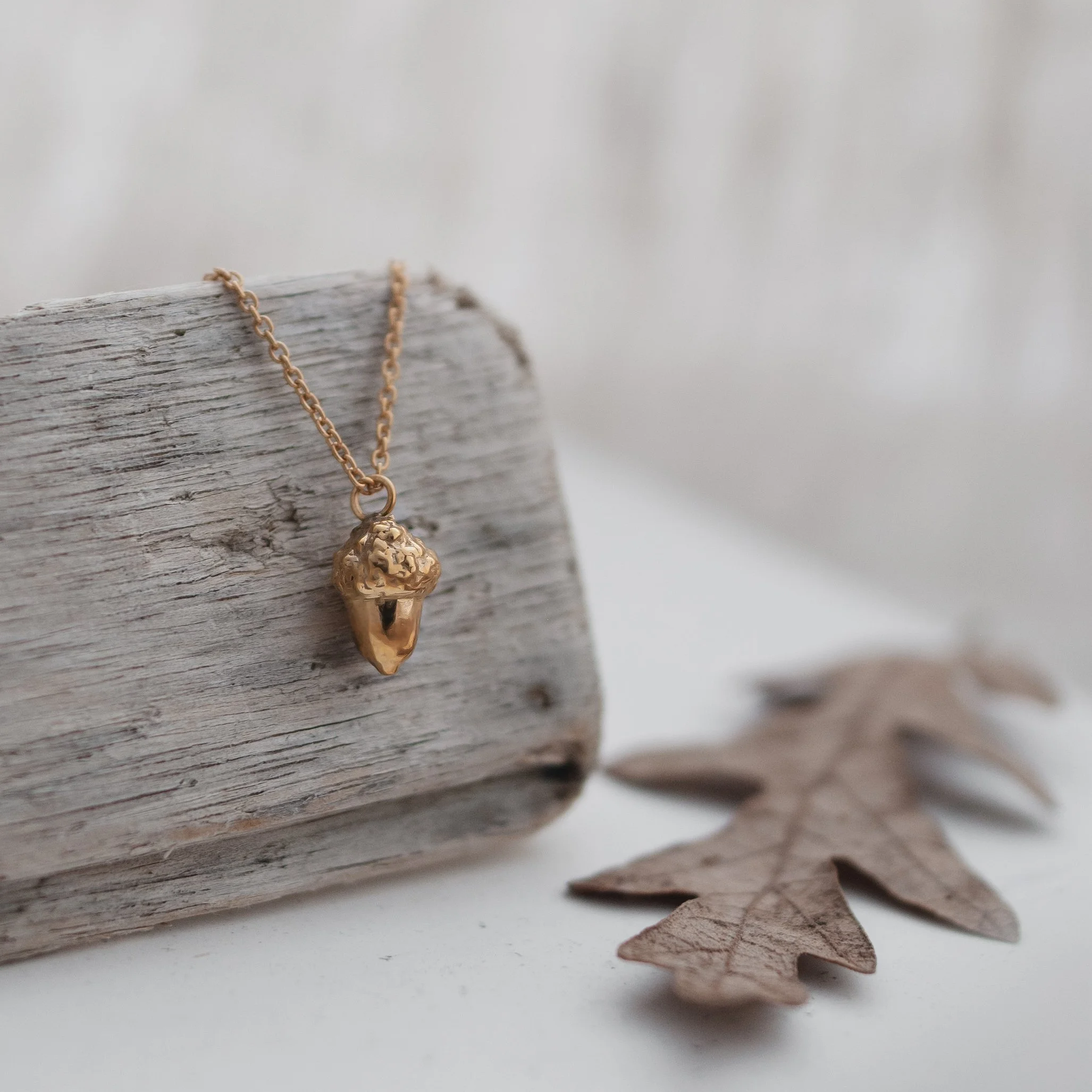 Nature inspired acorn recycled gold plated sterling silver necklace