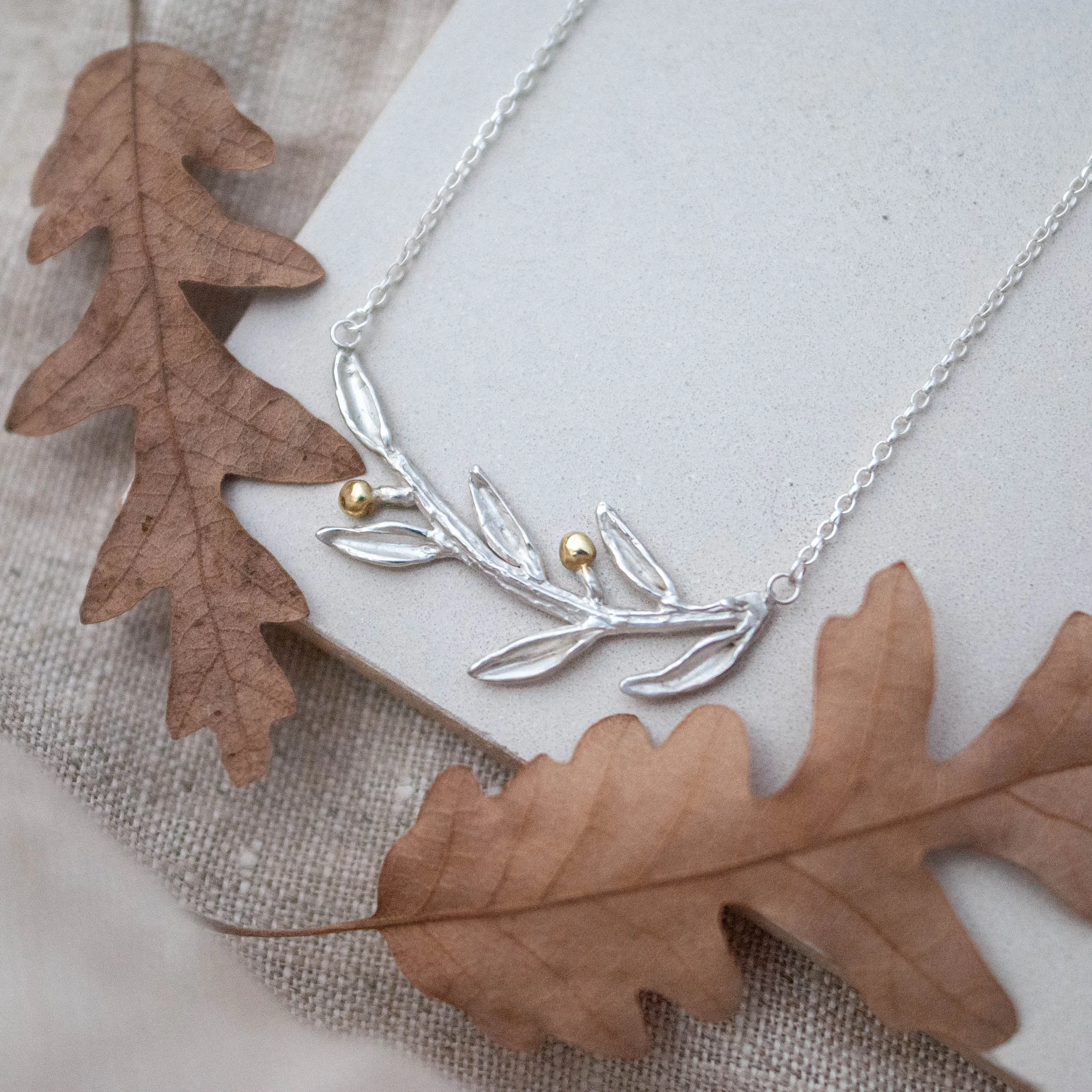 Olive branch ethical gold and silver handmade necklace