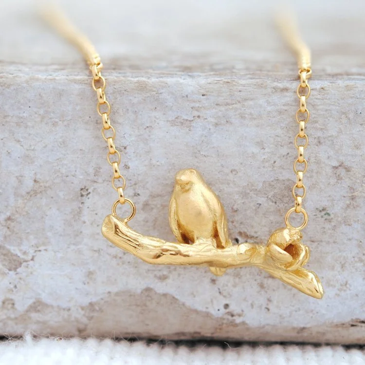 Lucky Robin on a Branch Necklace in Gold