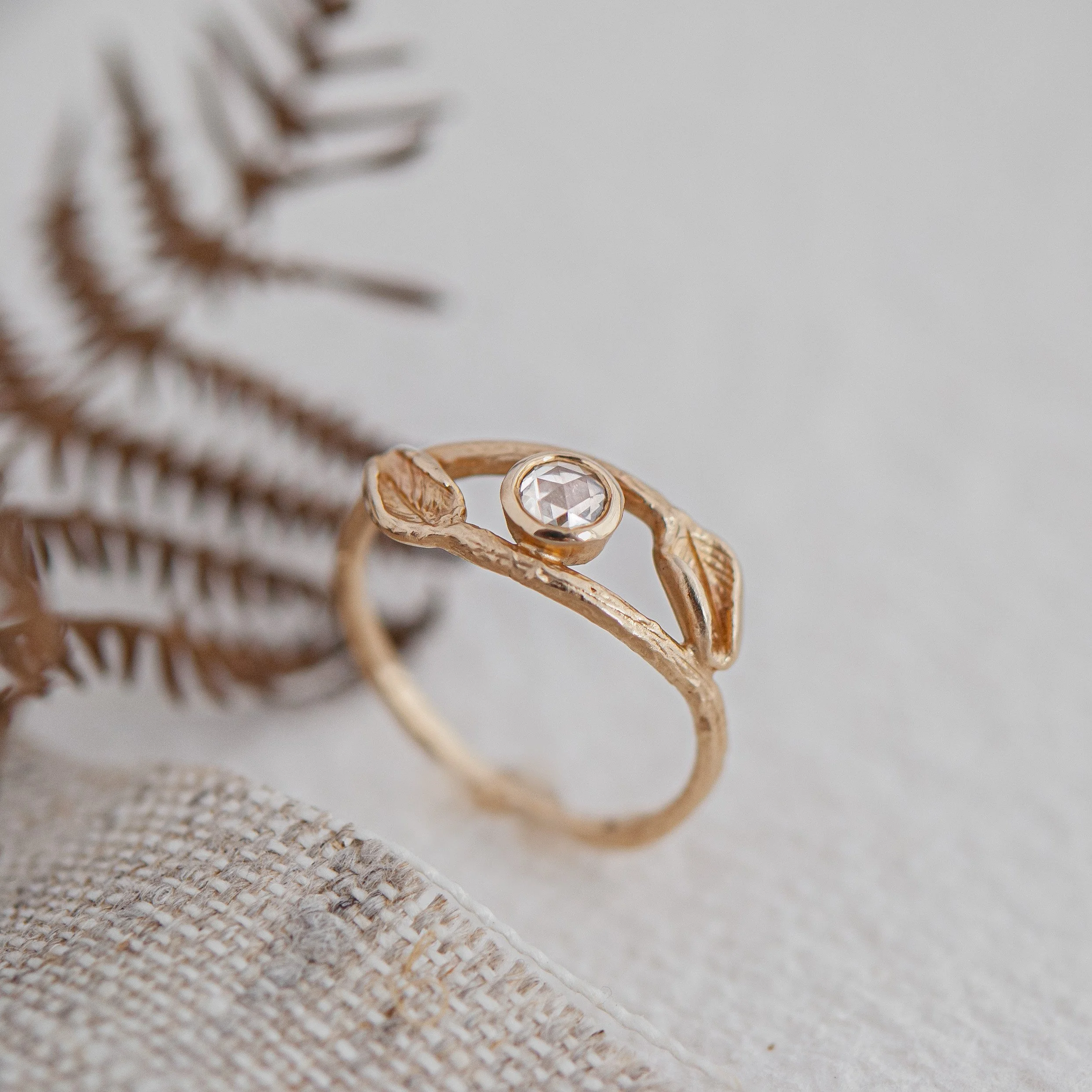 Birch Leaf Serendipity Rose Cut Diamond Ring in 14ct Gold