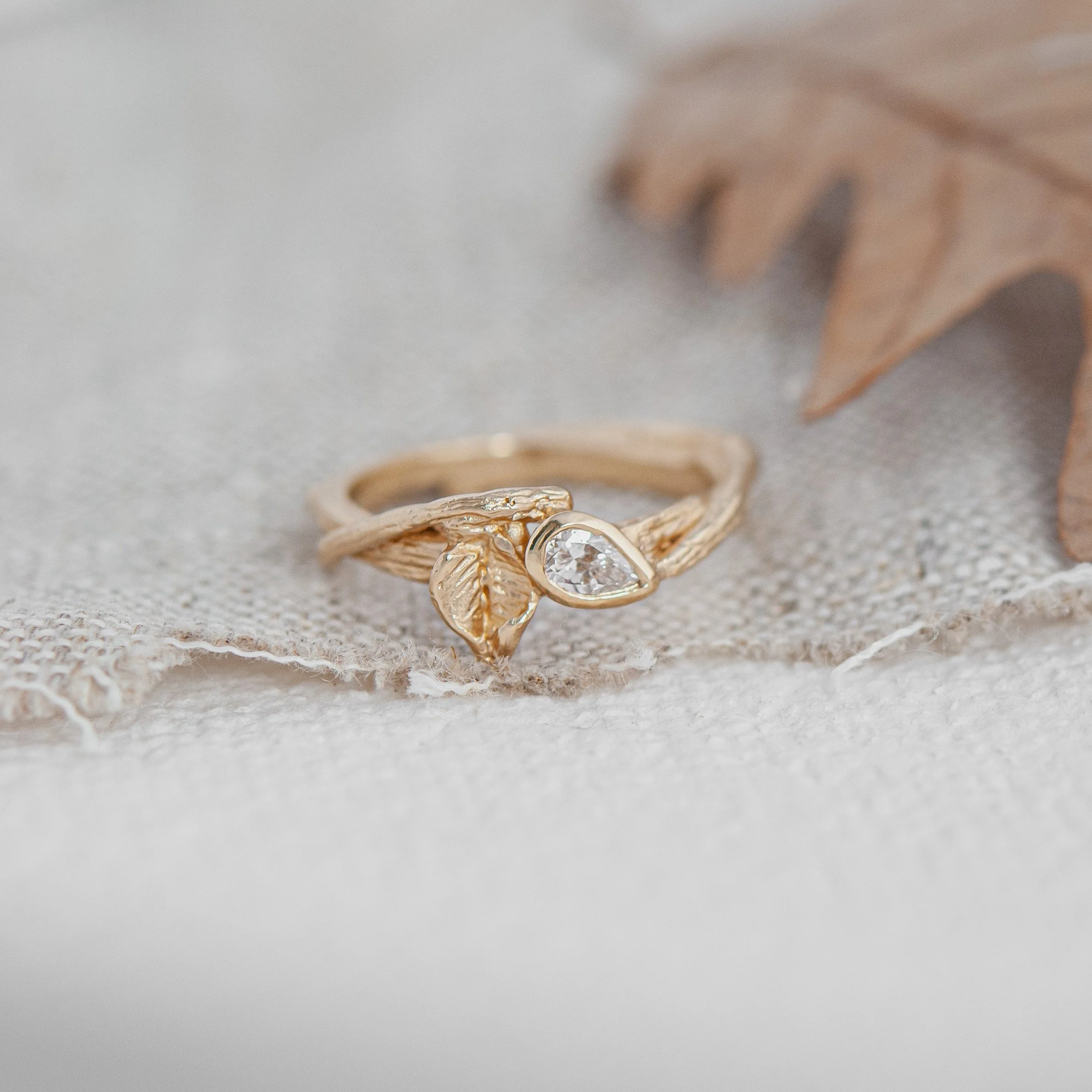 Birch Leaf Entwined Teardrop Diamond Ring in 14ct Gold