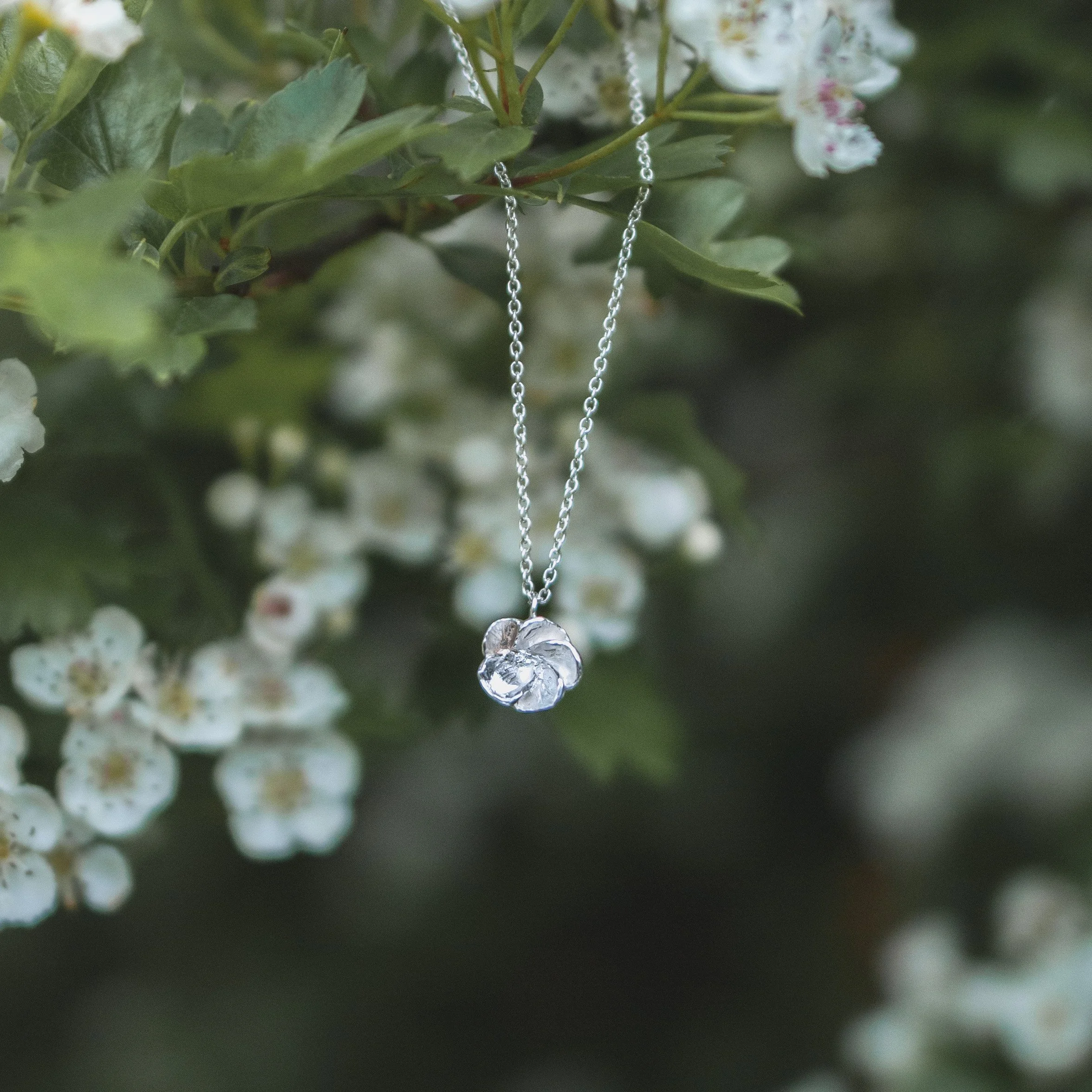Sterling silver hawthorn flower sustainable necklace