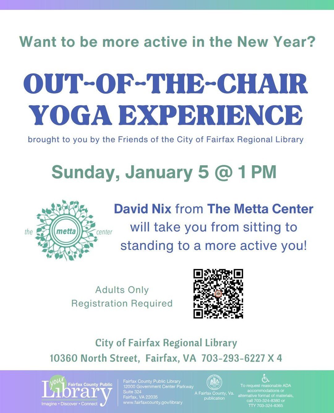 💥Sale and Yoga @ Library of Fairfax City☀️

Warm wishes to you for this New Year's season! We have a few notable sales to share with you. 

- New Metta T-Shirt BOGO! - Buy a Berry shirt, get a Purple shirt FREE (while supplies last)
- Ice/Hot Packs!