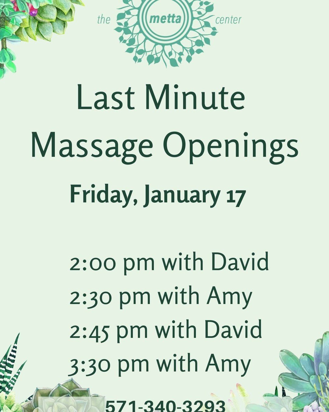 **Rare openings with Amy and David today**

In some ways, January can be an odd month, with weather events and settling into new schedules. One such rarity is that we have last-minute openings with Amy and David today!

Friday, January 17th openings
