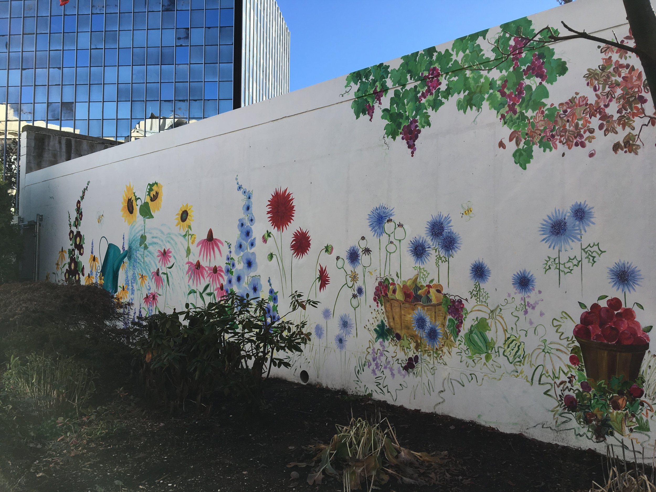  This mural was designed and painted for the Helen and Harry Gray Cancer Center at Hartford Hospital. It’s painted on the walls surrounding the two gardens outside the  chemo treatment rooms and depicts a whimsical version of the four seasons.    I c
