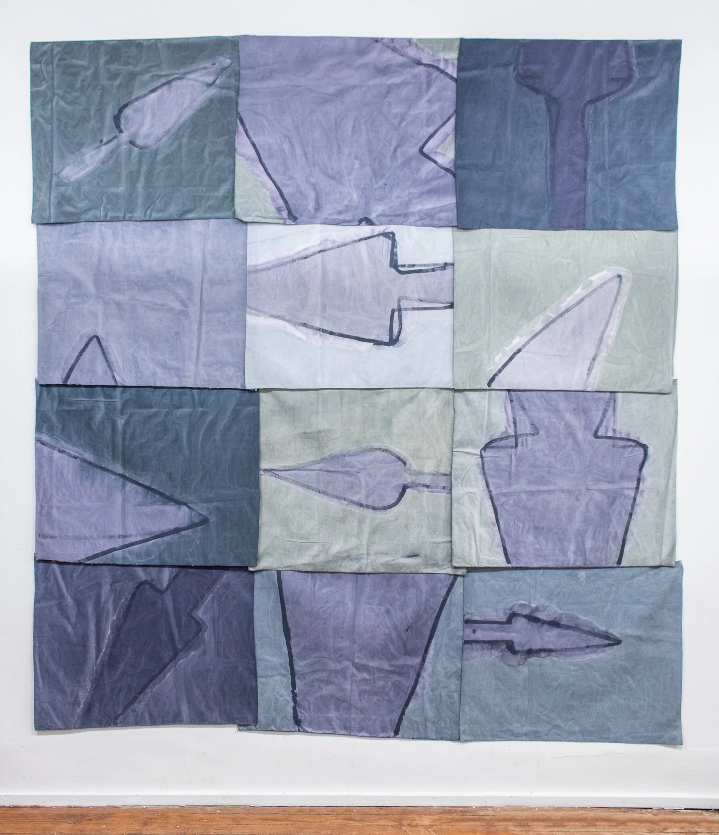 Song of Amergin (Pinned), Am bri danae/I Am The Head Of The Spear In Battle , 2019, Acrylic, dye, muslin, map pins, 96” X 84”