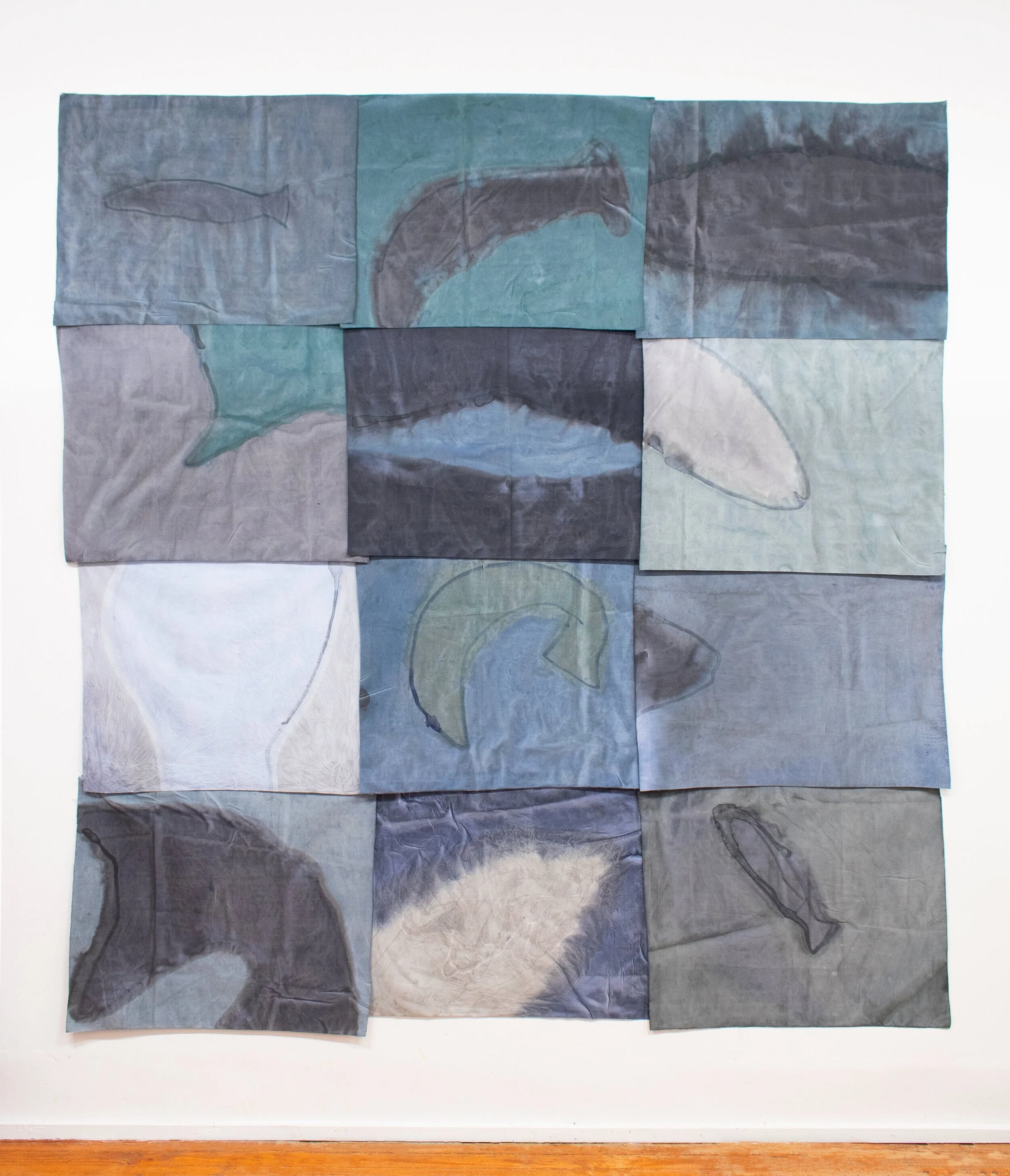 Song of Amergin (Pinned), Am hé i llind/I Am a salmon in the water , 2019, Acrylic, dye, muslin, map pins, 96” X 84”