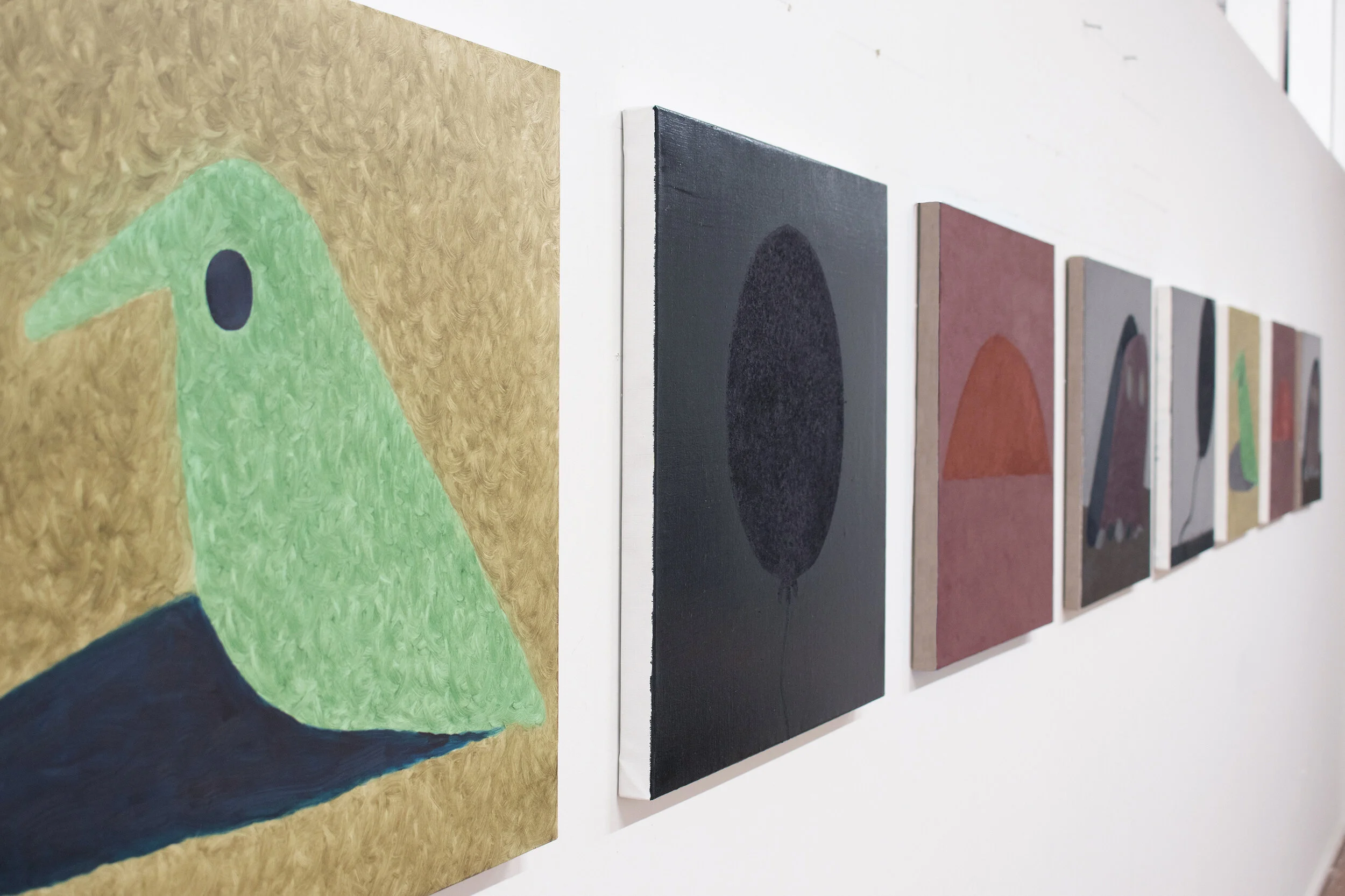  Ghost, Bird, Balloon, UFO (Install View I), 2020-21, Oil on Linen, 20 X 24 (each canvas) 