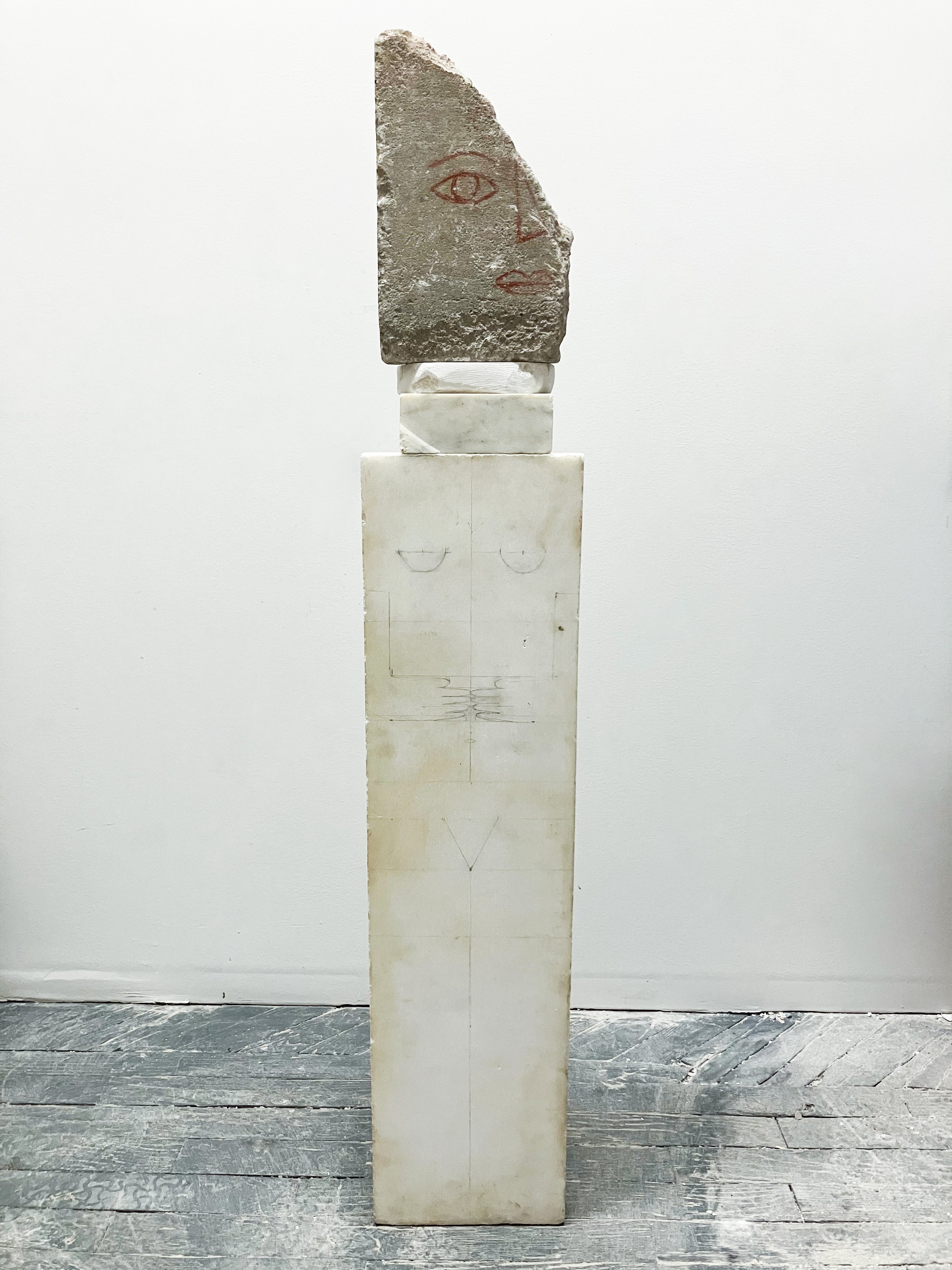Figure/s I, 2023, Marble, alabaster, granite, crayon, 44.5” X 3” X 8”