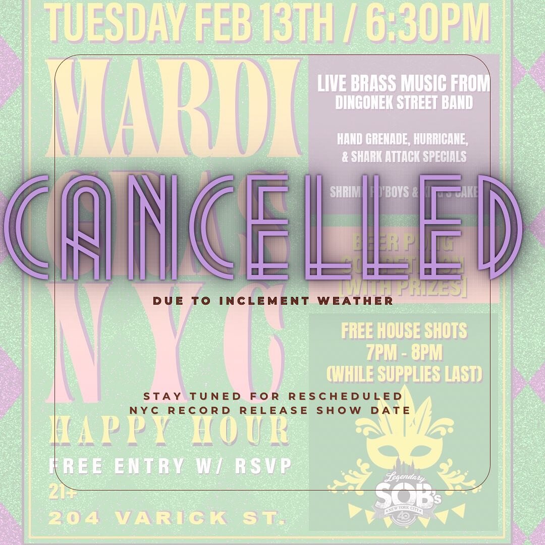 We are super bummed to have to cancel tomorrow&rsquo;s show at @sobsnyc (but of course we understand!) &mdash; this snowstorm is shutting the whole city down!! ❄️🗽❄️ A reschedule is imminent, stay tuned!!