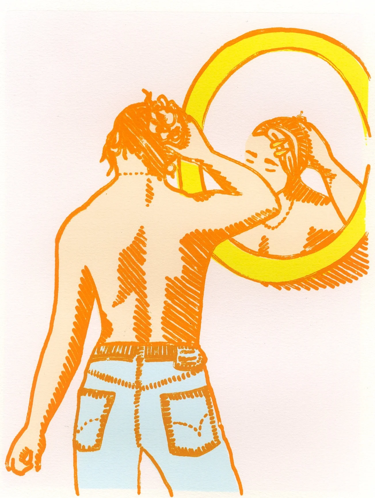 Reassessing the muse while examining the daily anxiety of getting dressed in the mornings. Christoffer Wilhelm’s, Woman Standing in Front of a Mirror is brought to the present with Levi jeans, a messy bun, hair clips and a chain necklace