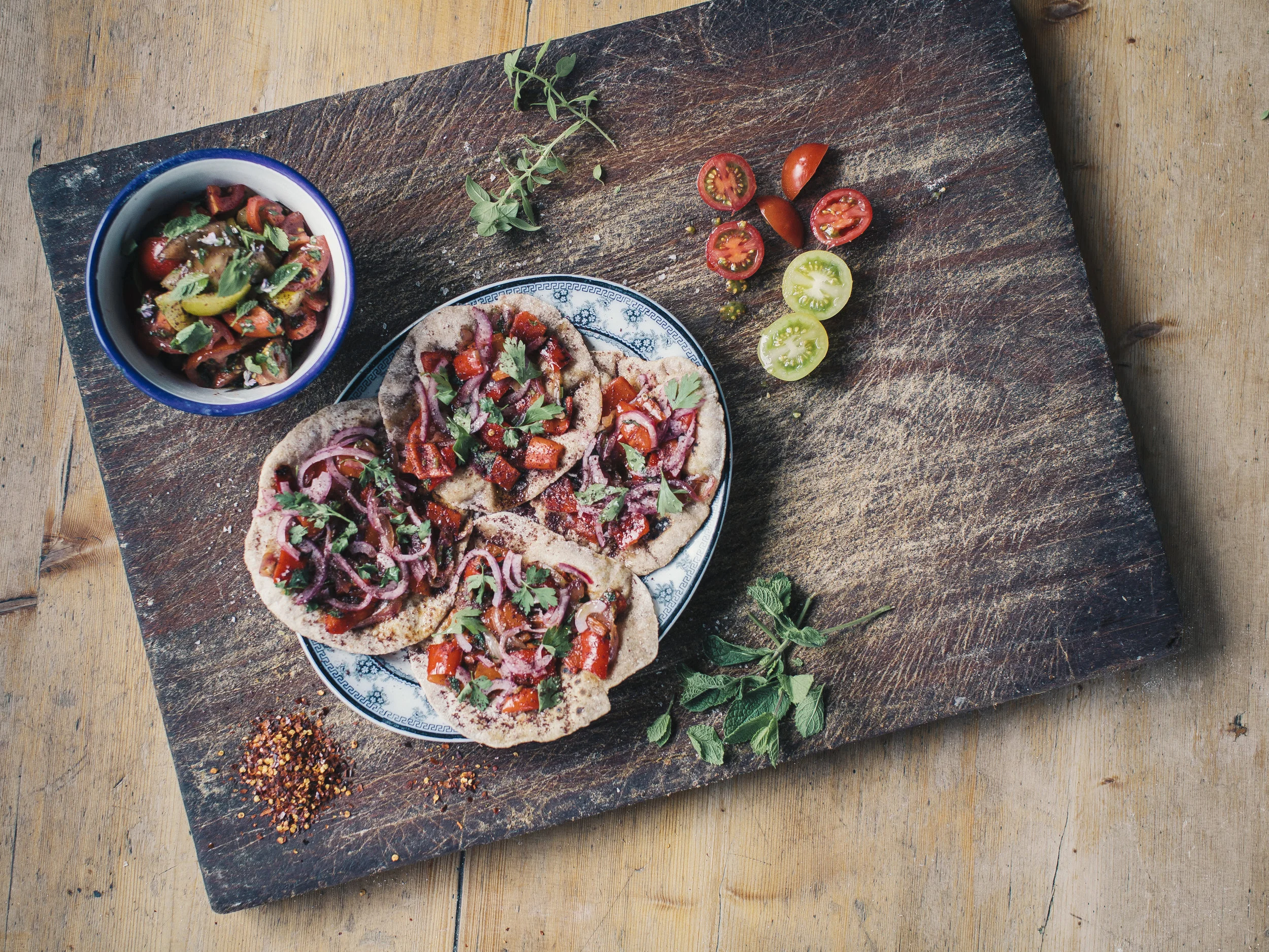 Anna Jones cooked some lovely vegetarian flatbreads with tomato salad.