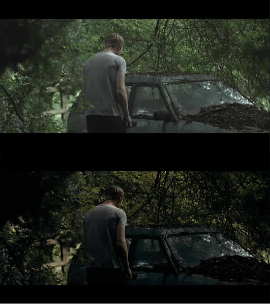 Before (with colour space set to DRAGONcolor2 and the Gamma Curve to Rec.709. Desaturated and colour temperature lowered) and after (with the secondary corrections and look applied - less contrast, exposure lowered, shadows upped, LUTs applied and 35 mm grain).