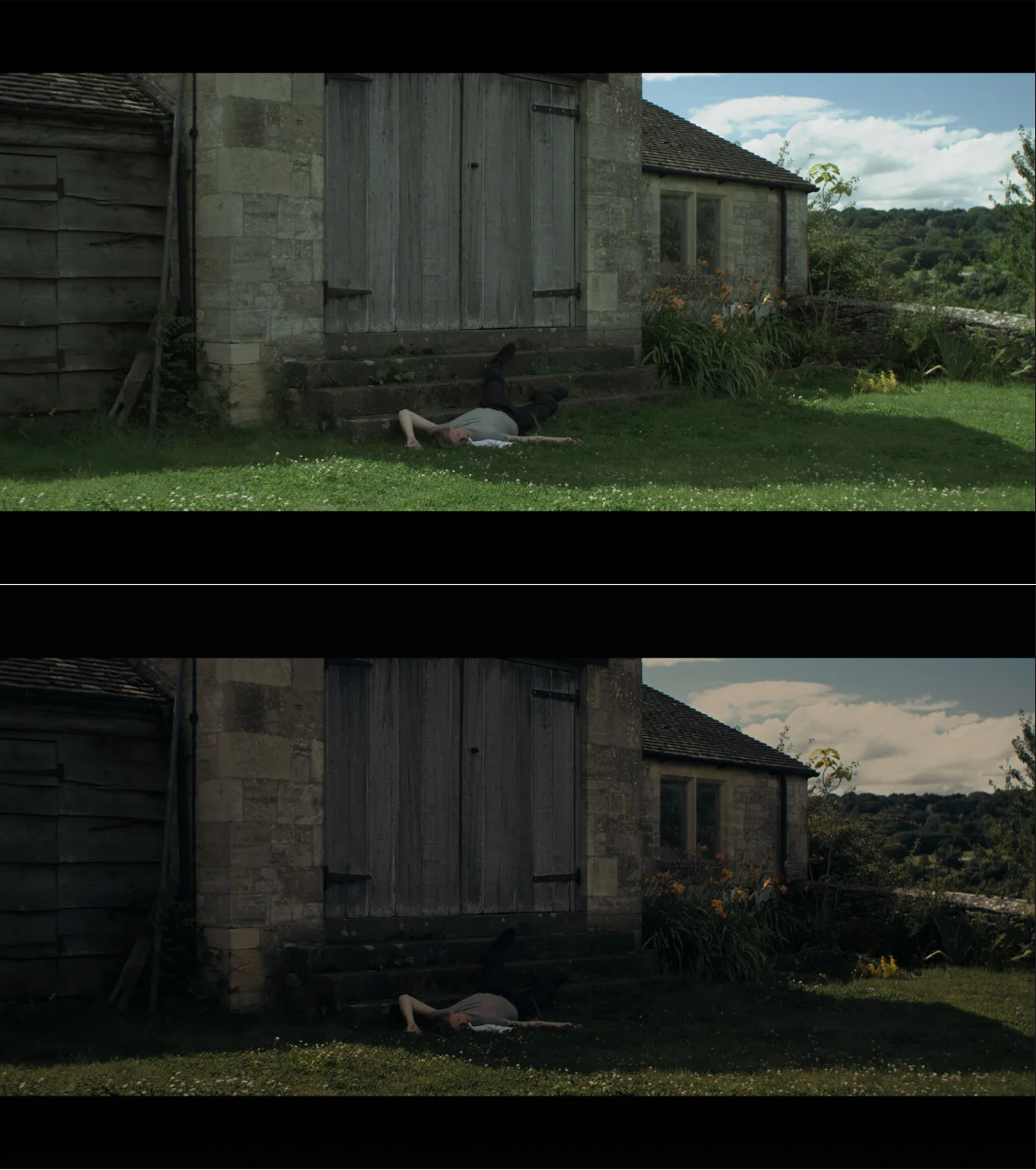 Before (with colour space set to DRAGONcolor2 and the Gamma Curve to Rec.709. Desaturated and colour temperature lowered, exposure upped) and after (with the secondary corrections and look applied - less contrast, exposure lowered, LUTs applied, power window on the bright part of the grass to lower its exposure and 35 mm grain).