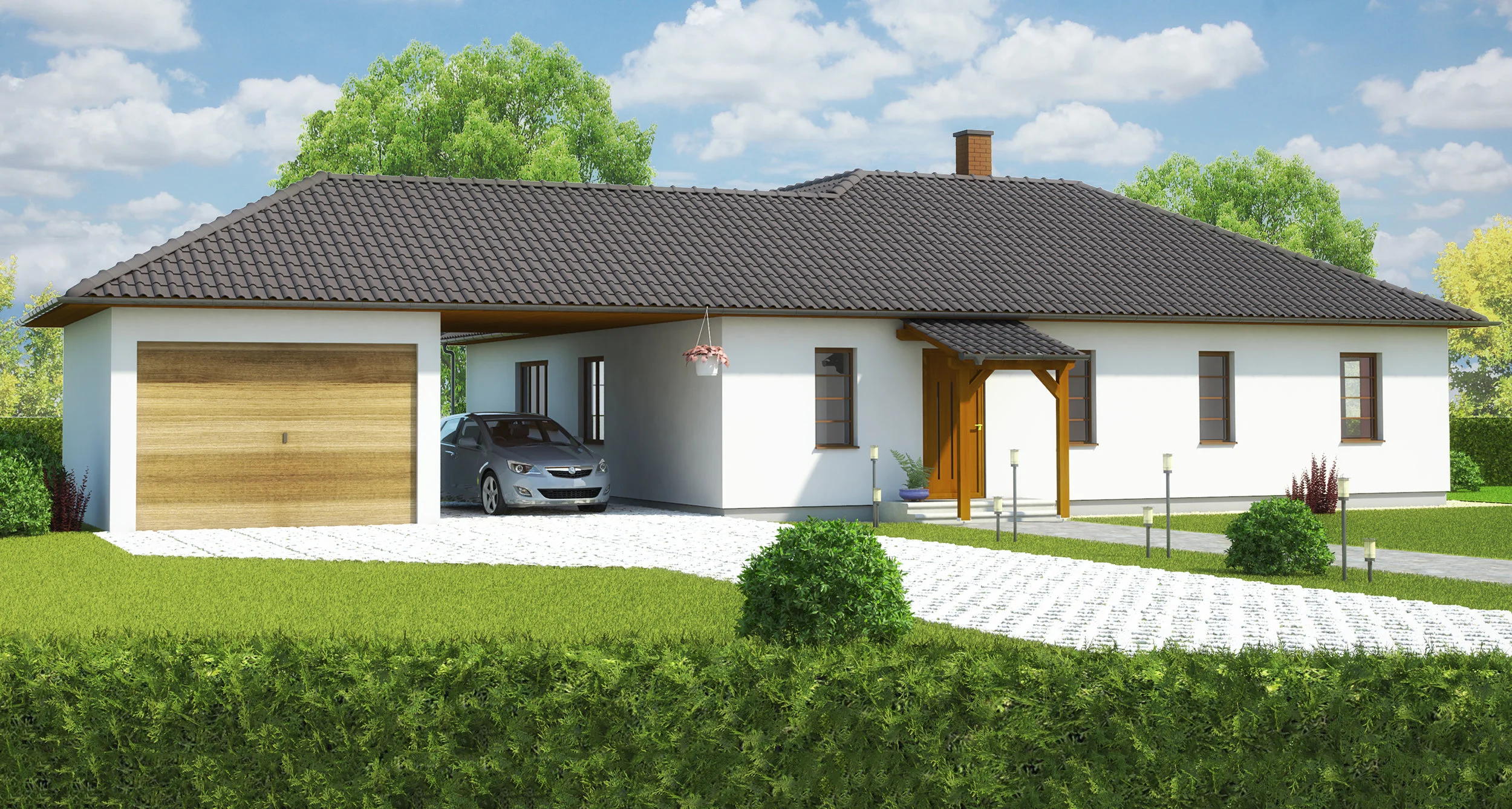 A modern single-story house with white exterior walls, a brown tiled roof, and a wooden front door, surrounded by a well-maintained lawn and shrubs, with a car parked in the driveway under a carport.