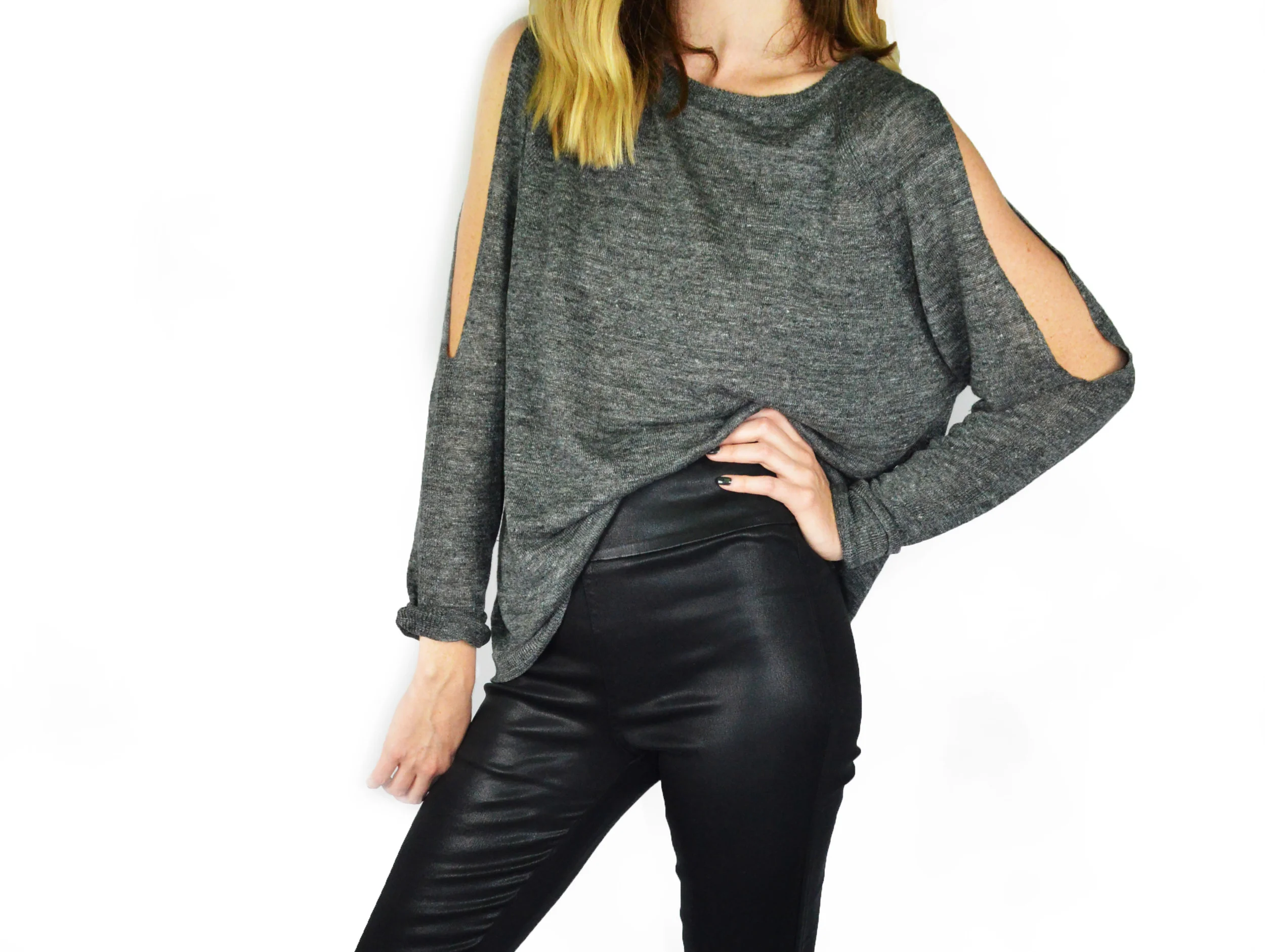 HEATHER GREY ABBIE COLD SHOULDER SWEATER