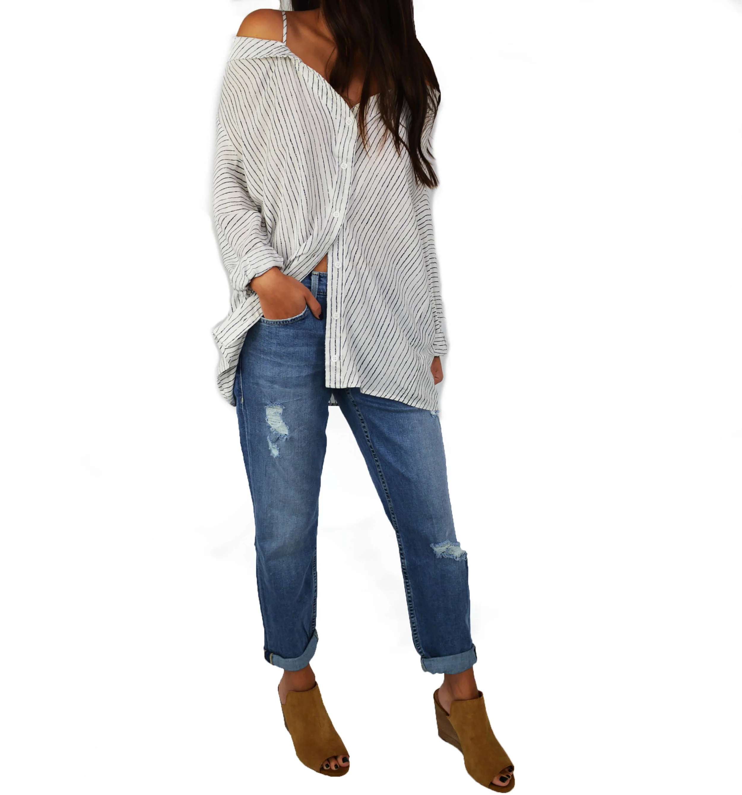 Striped Off The Shoulder Button Up