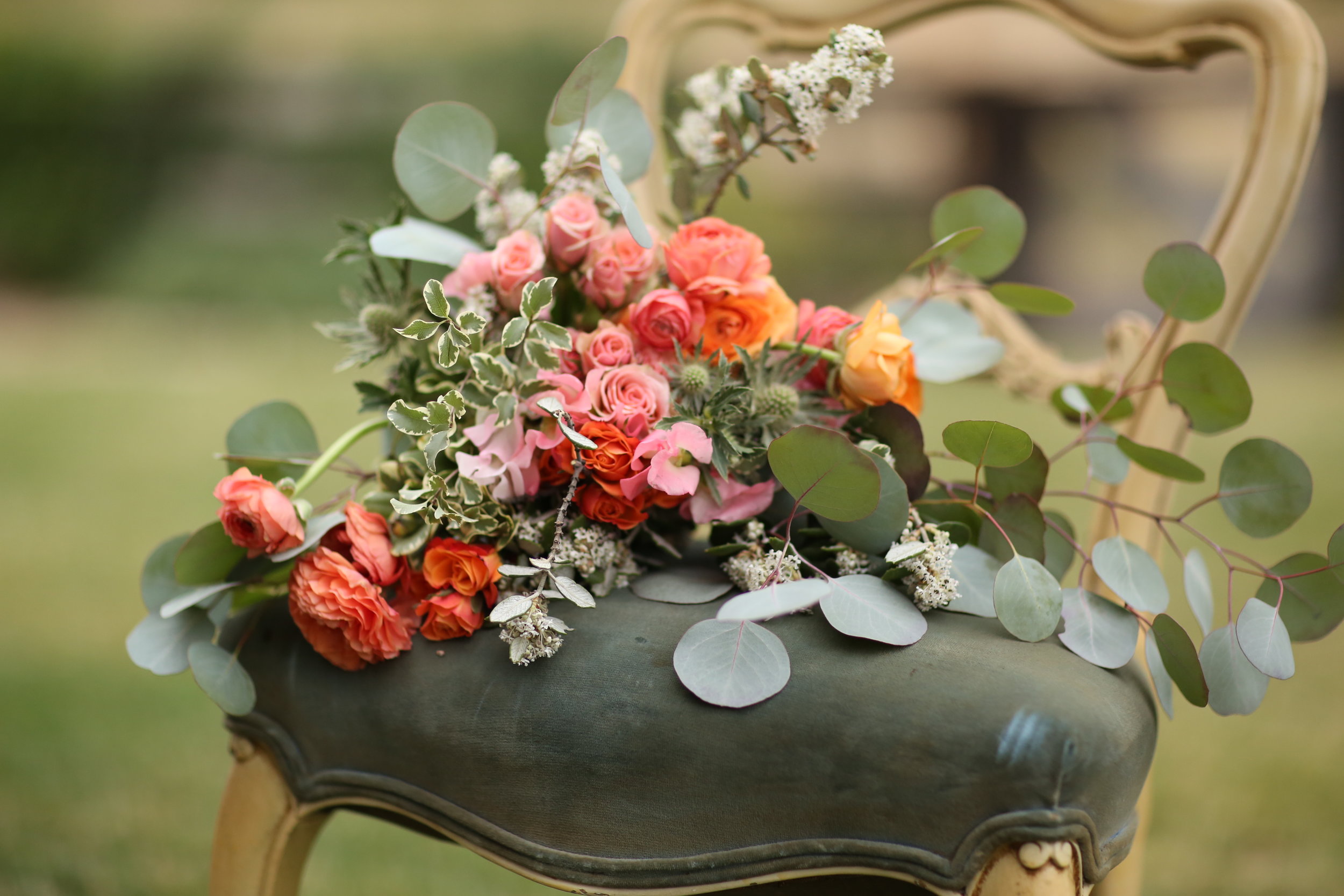 Bridal bouquet in chair