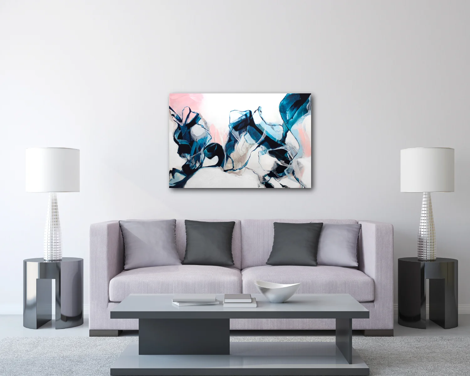 Abstract Painting for Sale - Blue, Pink and White
