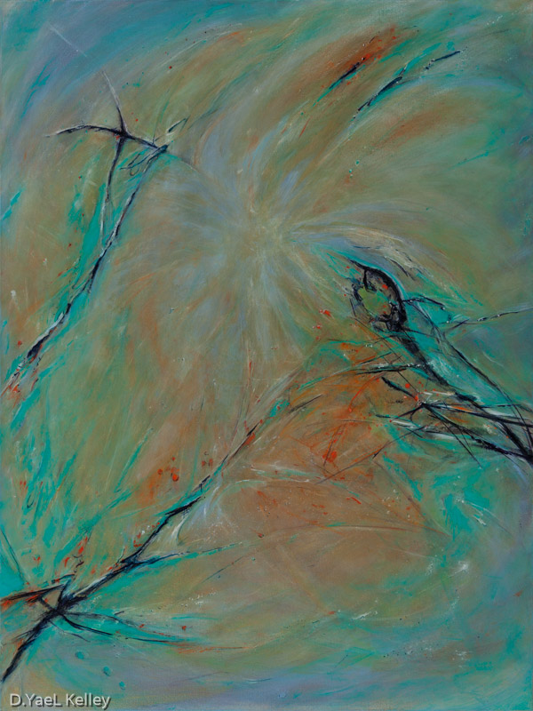 Following the Hummingbird, oil 40" x 30" In this painting I imagined my mothers spirit as a hummingbird flying into the light. 