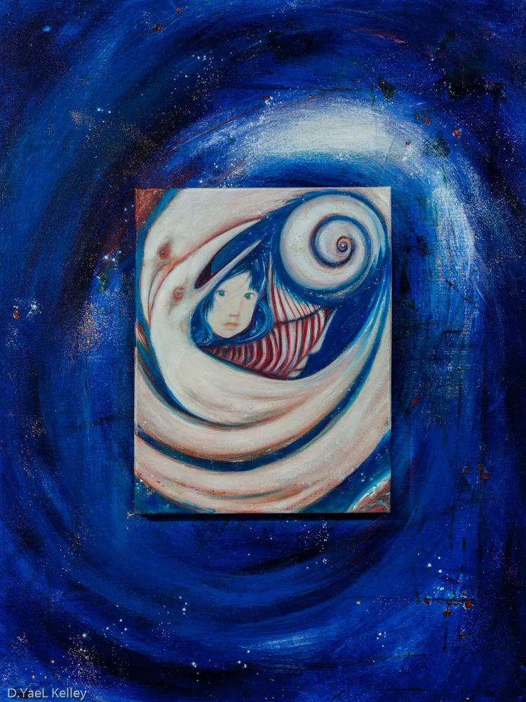 White Raven Speaks- The Second Horizon oil, 40" x 30" Layered canvas assemblage My mothers face looks on from behind the child as the universe spins. 