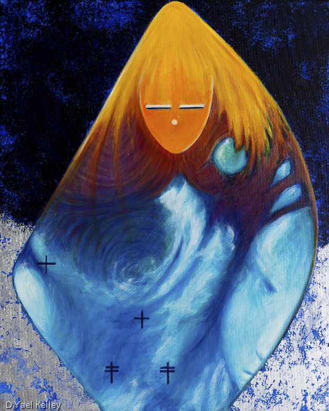 Yellow Corn Mother - oil, 30" x 24" The concept of release and return. The latest painting in the Blue Corn Mother Series - Yellow Corn Mother combines the earth connectedness of the blue corn mother with the healing warmth of the sun and its life giving forces. It is the morning light as it pours into the windows very early. The memories of things that cannot be forgotten but sometimes sleep. The smells, the colors and the feelings that can be seen in the clouds when the sun reflects off them after a rain. I hope that it evokes an all radiating light and warmth. And asks the question “How do we connect to the universal mind".