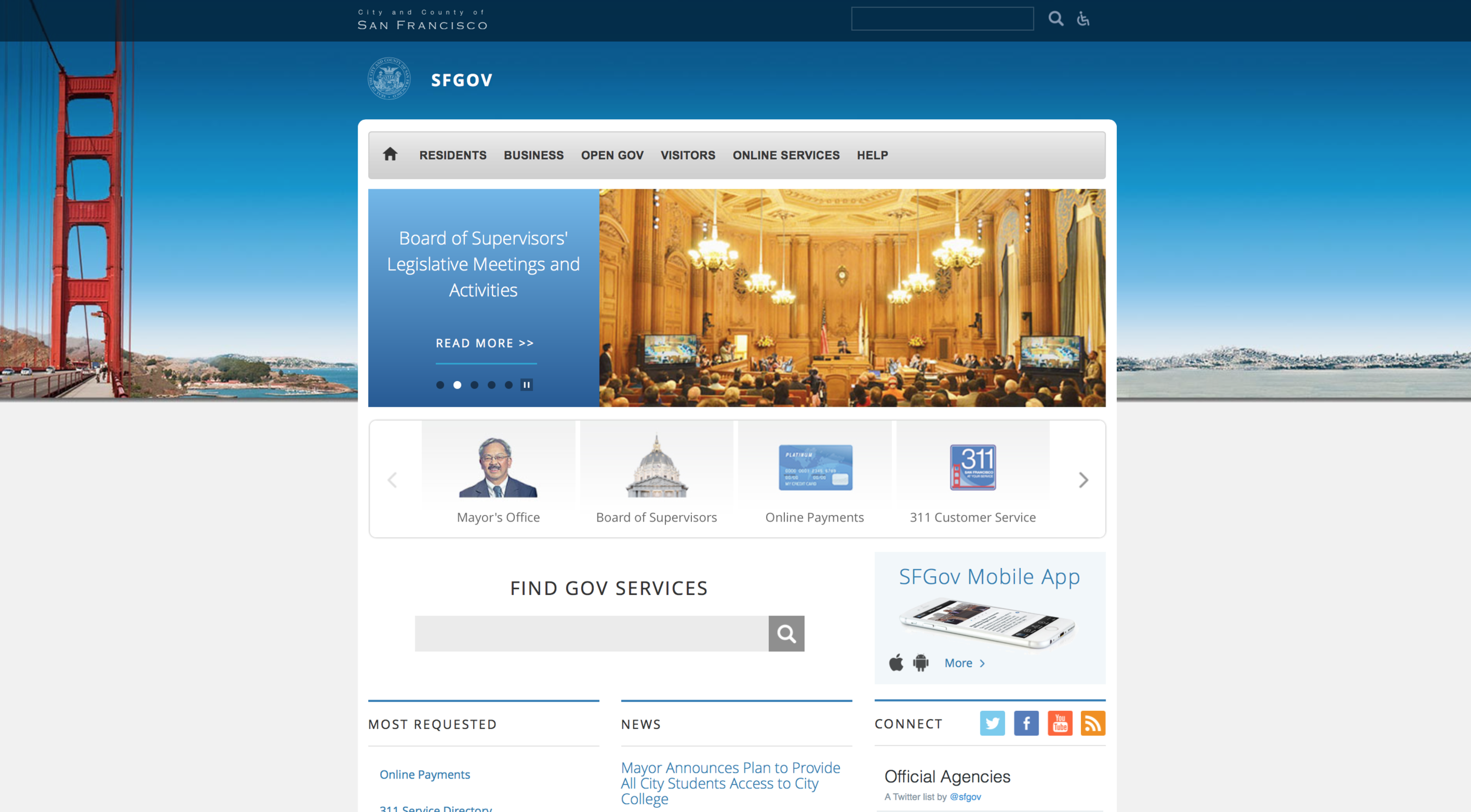 Screenshot of SF's Homepage.