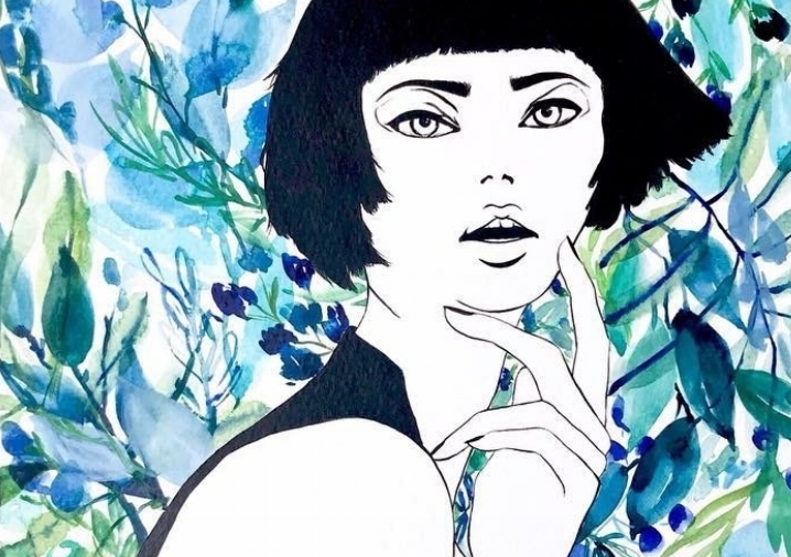 Girl in Sapphire, 11” x 14” | acrylic and watercolor on paper | 2018