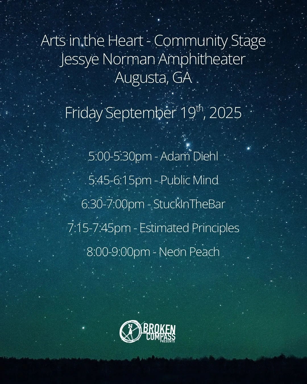 Can&rsquo;t wait for Art in the Heart next weekend! Broken Compass was honored to be asked to curate the Community Stage at the Jessye Norman Amphitheater and I&rsquo;ve gotta say&hellip; this is one helluva lineup.