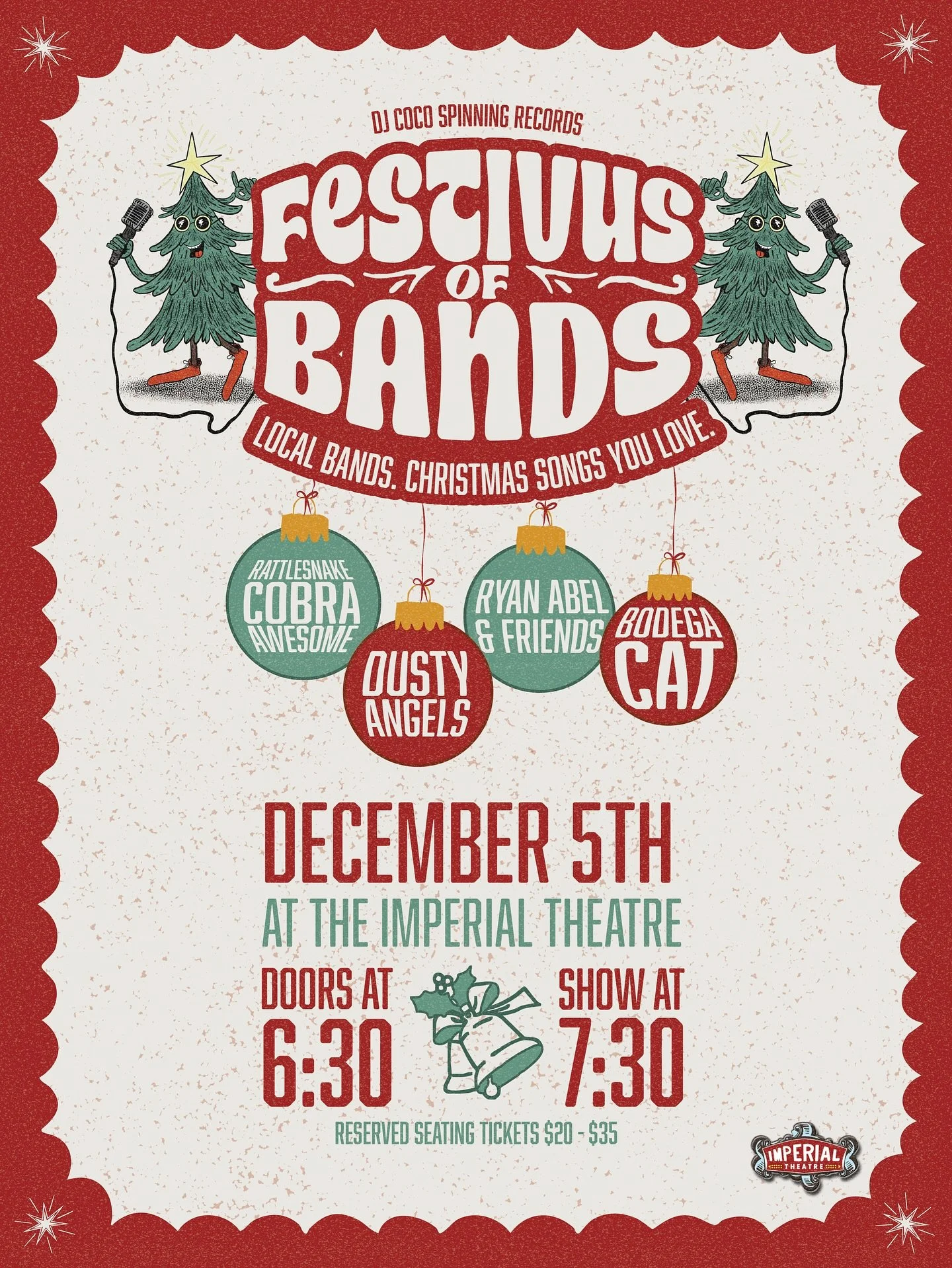A bunch of our favorite locals are banding together for Festivus - Friday December 5th at the Imperial Theatre! Bodega Cat, Ryan Abel &amp; Friends, Rattlesnake Cobra Awesome, The Dusty Angels and DJ Coco! Get your tix at https://imperialtheatre.com/