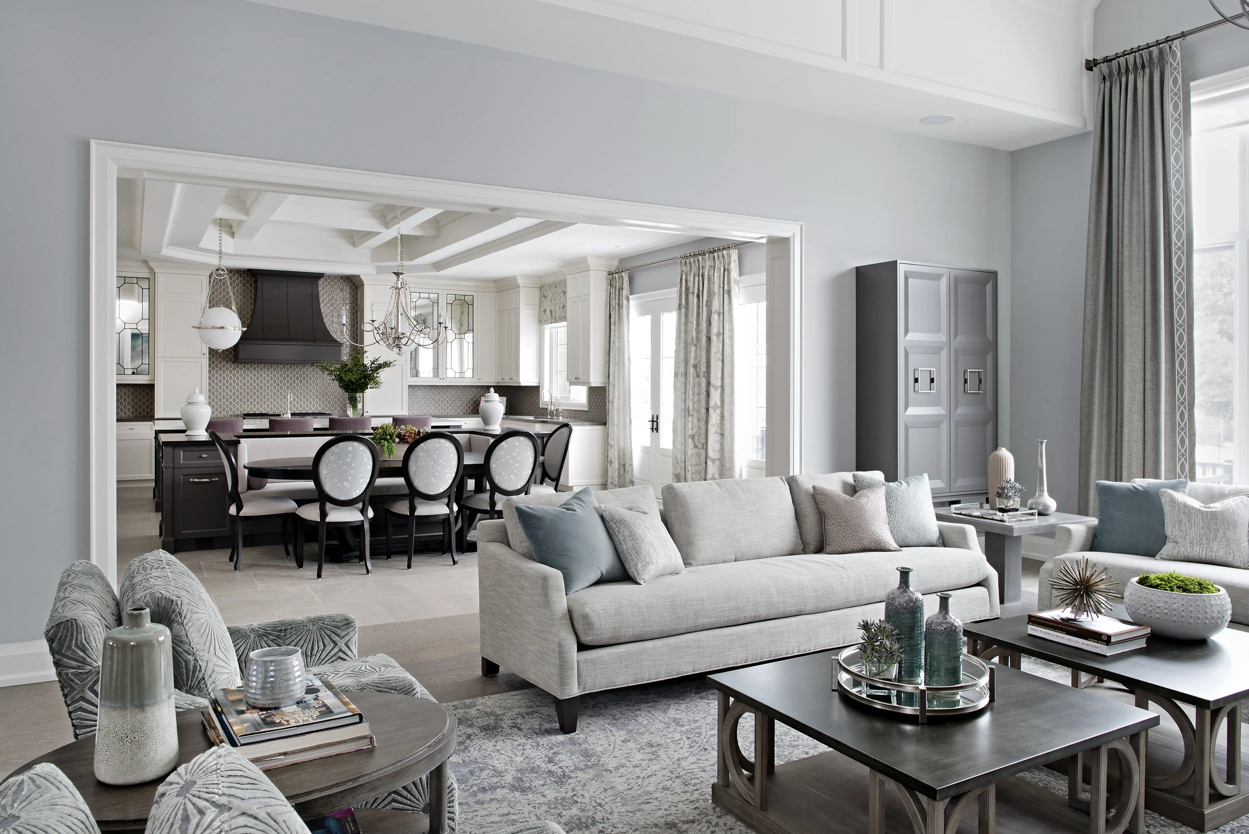 Interior Designer Pizzale Design Open Great Room and kitchen Living Room Dining Room Grey Couch with Green Blue Teal Purple.jpg