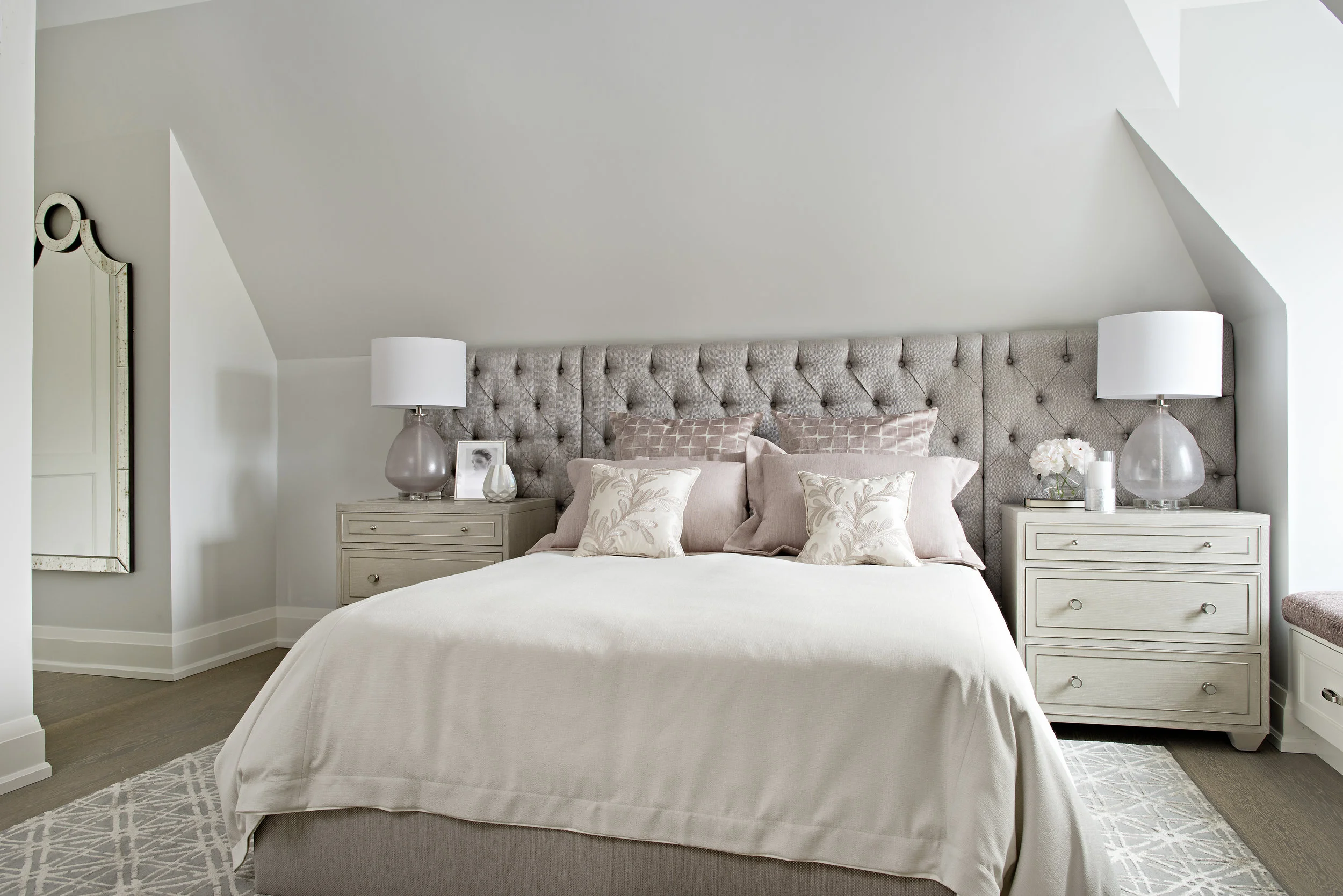 Interior Designer Pizzale Design Custom Upholstered Headboard Feminine Blush Mauve Bedroom.jpg