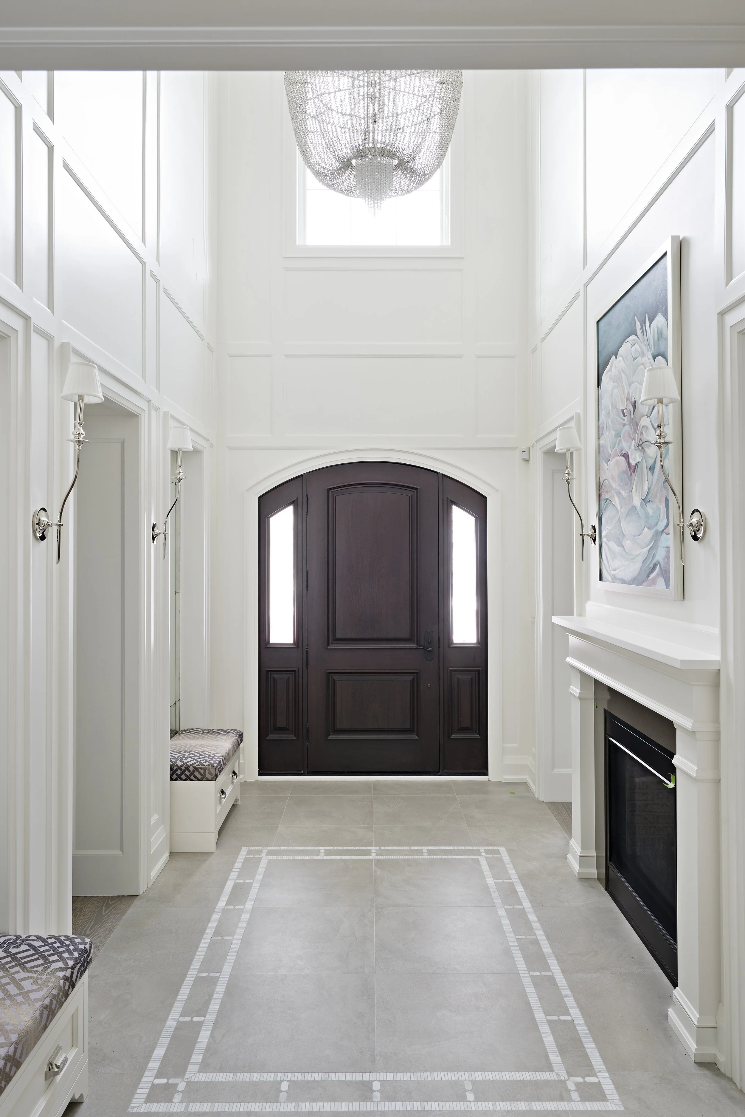 Interior Designer Pizzale Design Front Entrance Hall Custom Floor Inlay Tile Fireplace White.jpg