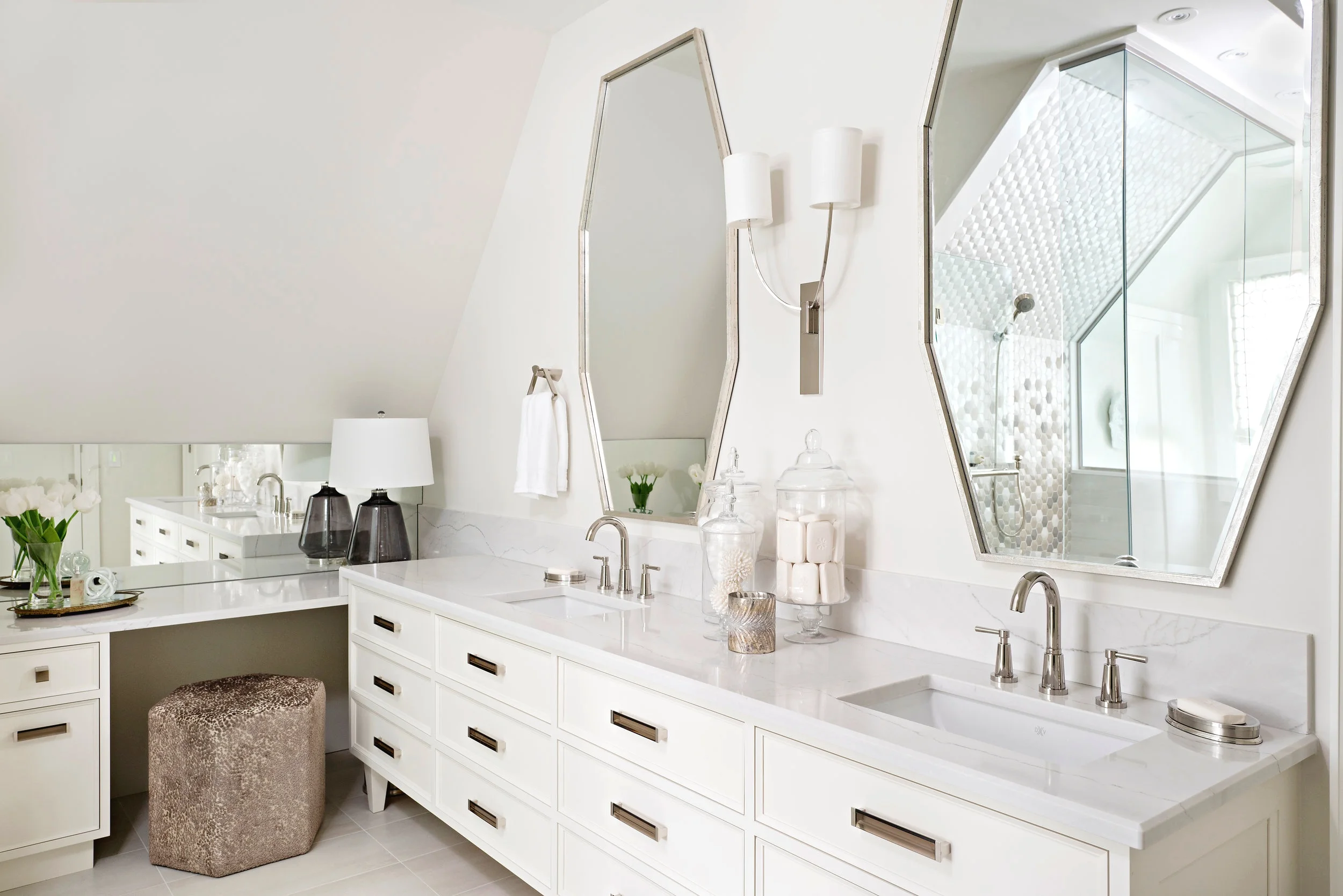 Interior Designer Pizzale Design Dual sink vanity Custom Mirror Marble Countertop Rectangle Pulls Light Airy Bathroom.jpg