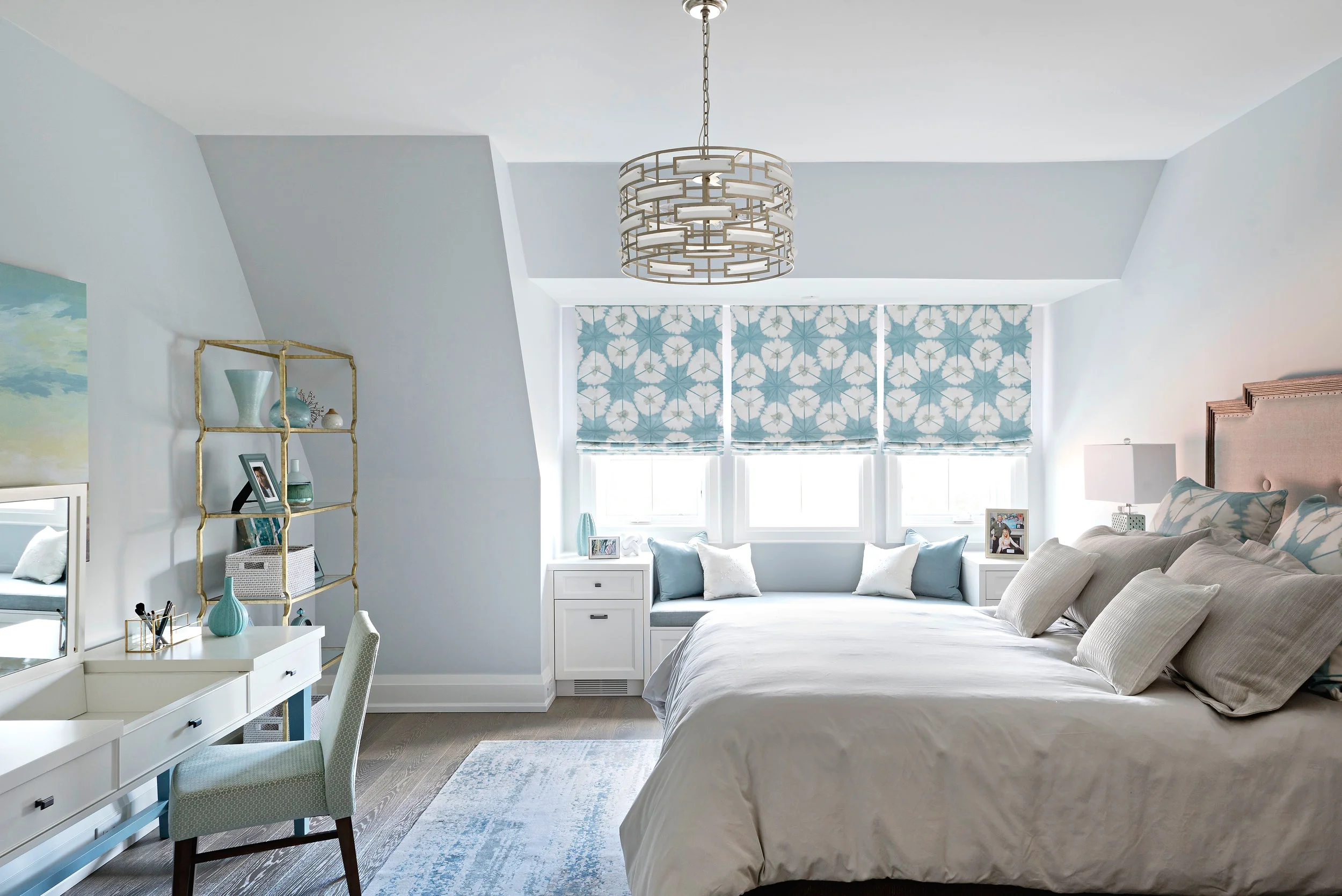 Interior Designer Pizzale Design Girls bedroom 1 Feminine Teal White Window Bench Millwork.jpg