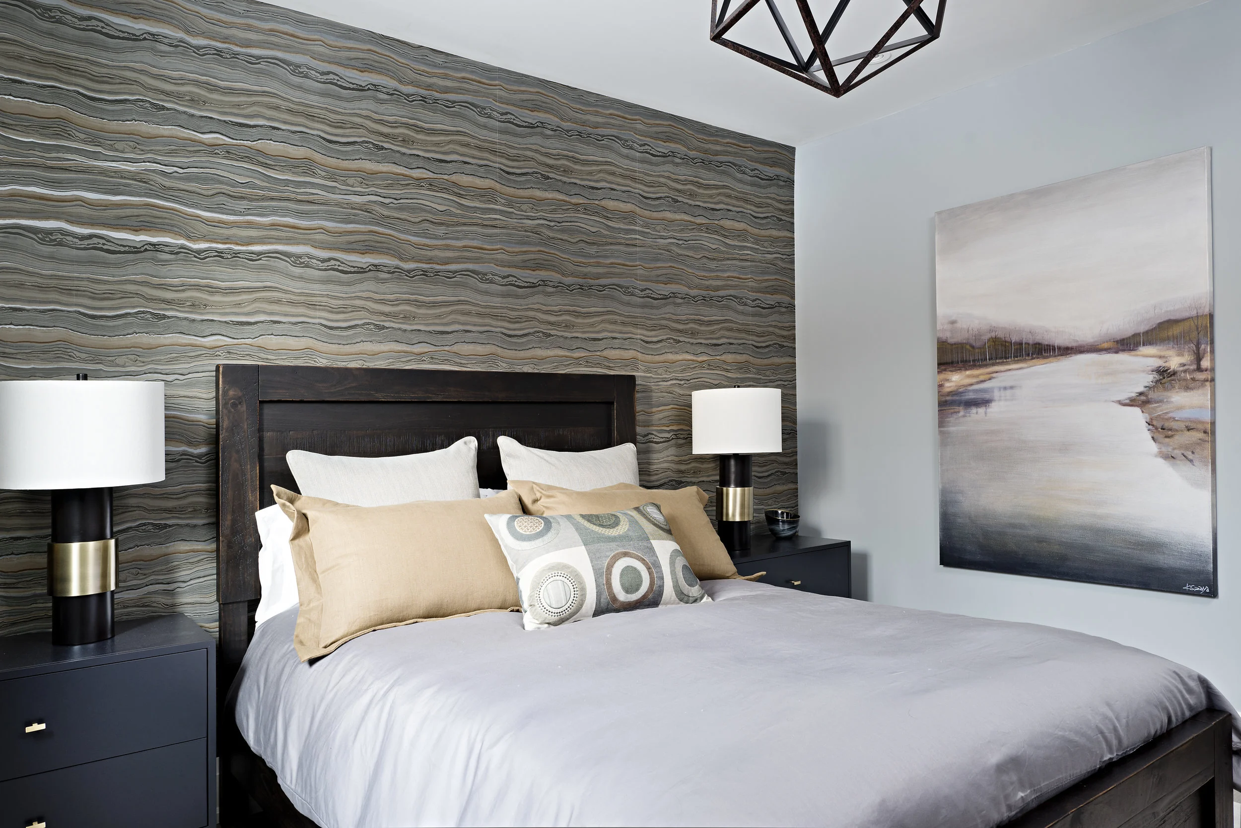 Interior Designer Pizzale Design Masculine Bedroom Wallpaper Navy Blue Nightstand Wood Bedframe.jpg