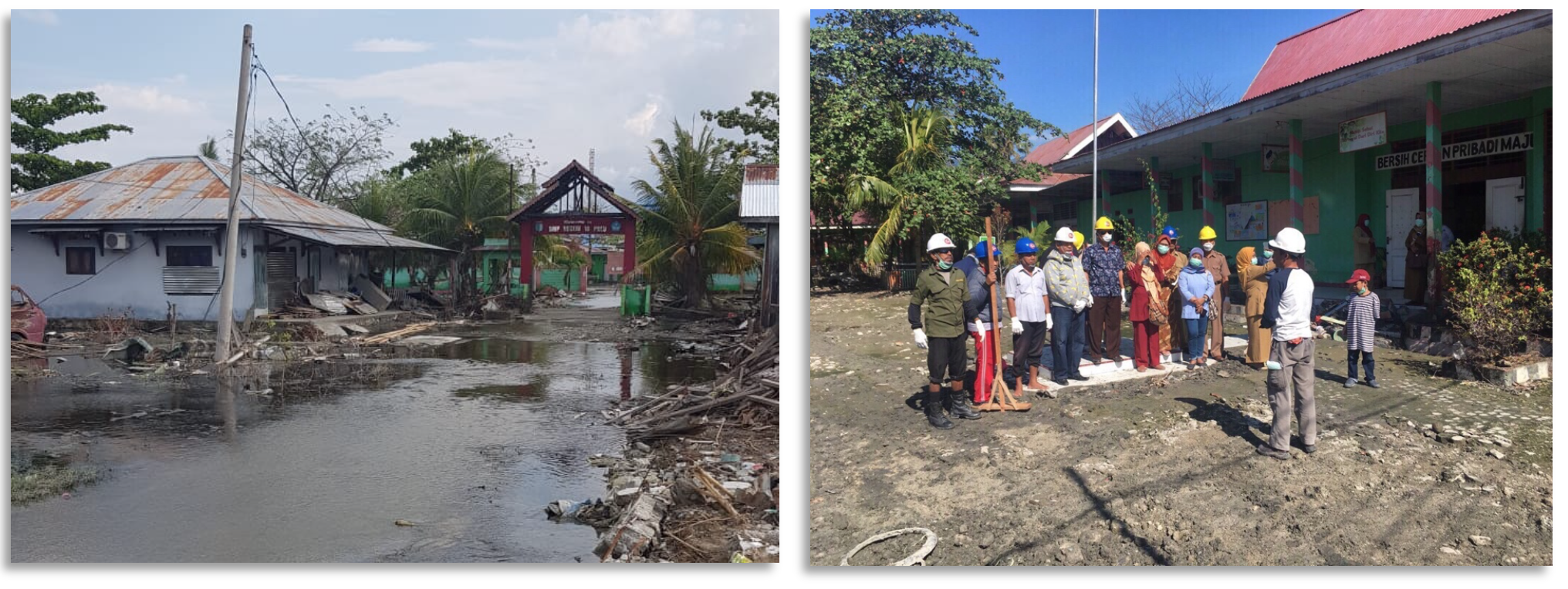 During GER3’s first site inspection of this school (photograph on left) in Palu, the site was covered in over 6 inches of water. Thankfully the water quickly drained and the team was able to use an excavator to clear remaining debris. The GER3 team also led safety briefings at local schools and worksites (photograph on right).