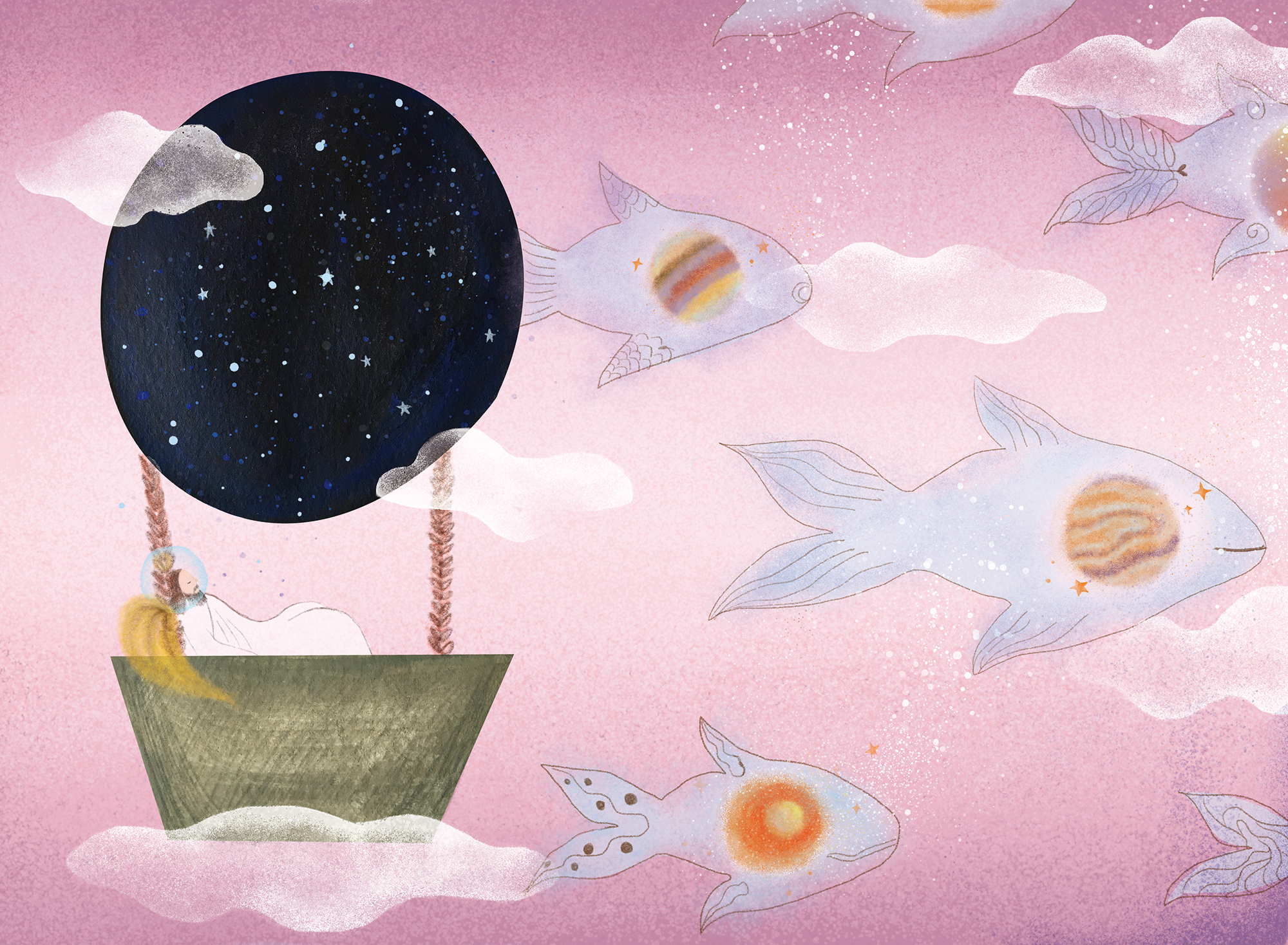 P7 - P8 The girl’s hair was a river, like the Milky way. Earth resembled a big balloon, under where the god was sleeping. Asteroids were eyes of fishes which were swimming in the girl’s hair.