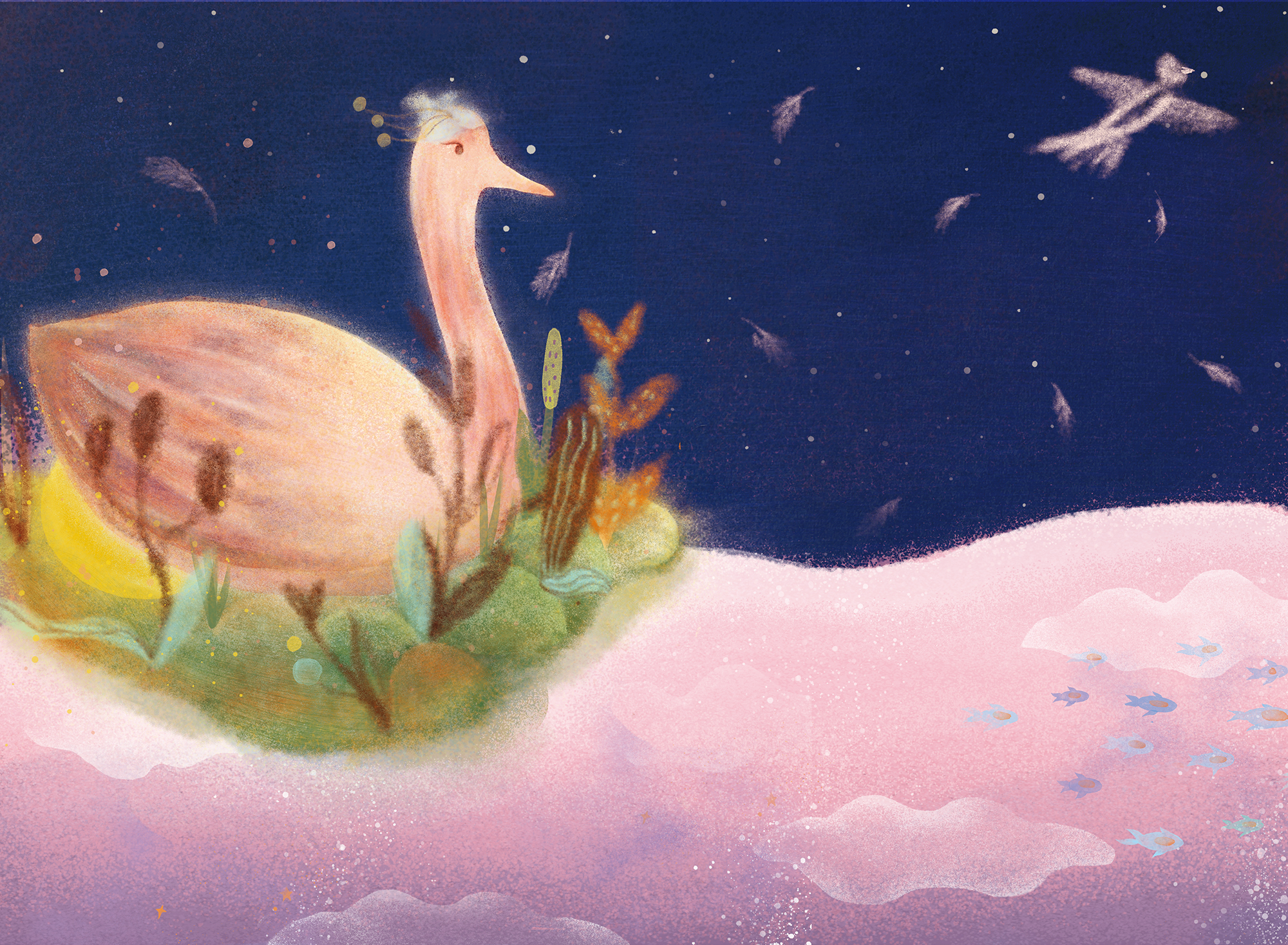 P9 - P10 Moon was the egg of a big bird. Small bird was flying and its featherswhich dropped out into river became the clouds.