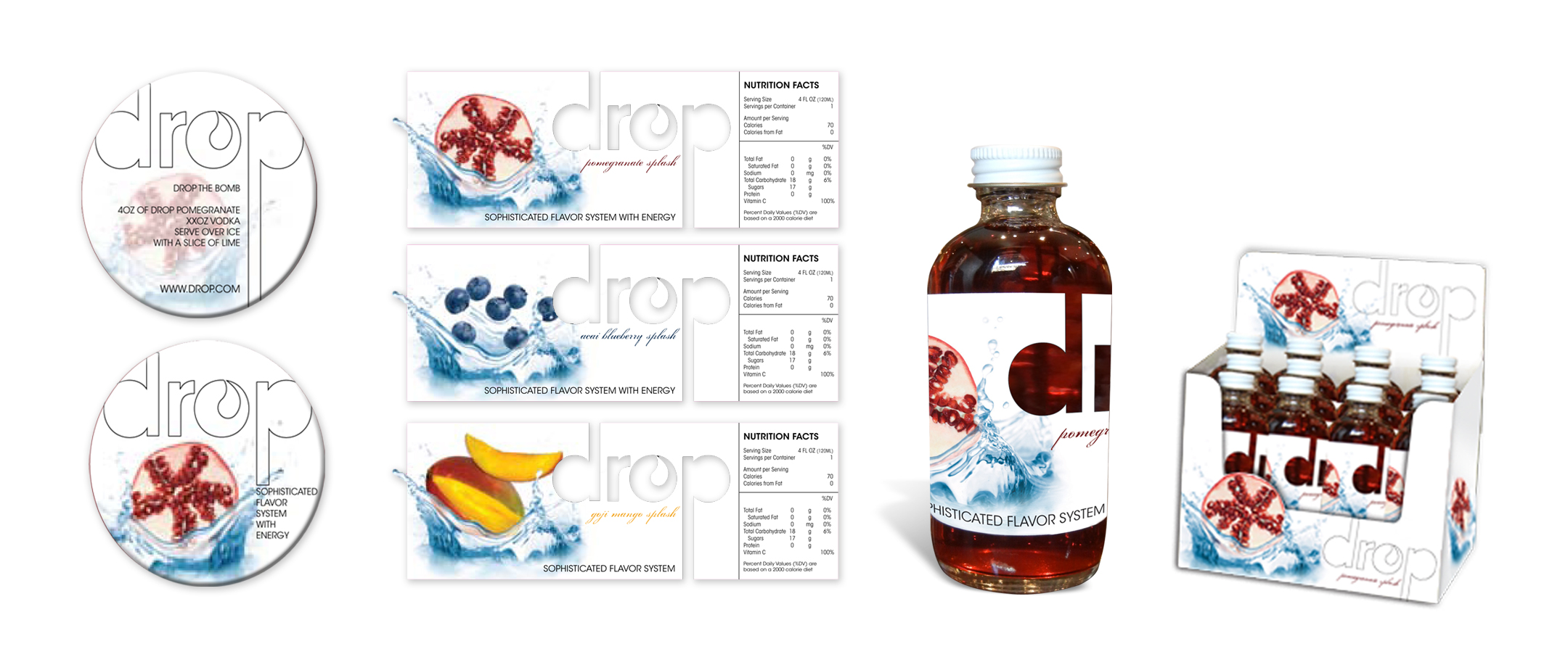Beverage Company / Drop / Alternative Packaging Design Coasters, Bottle labels, bottle and table top packaging