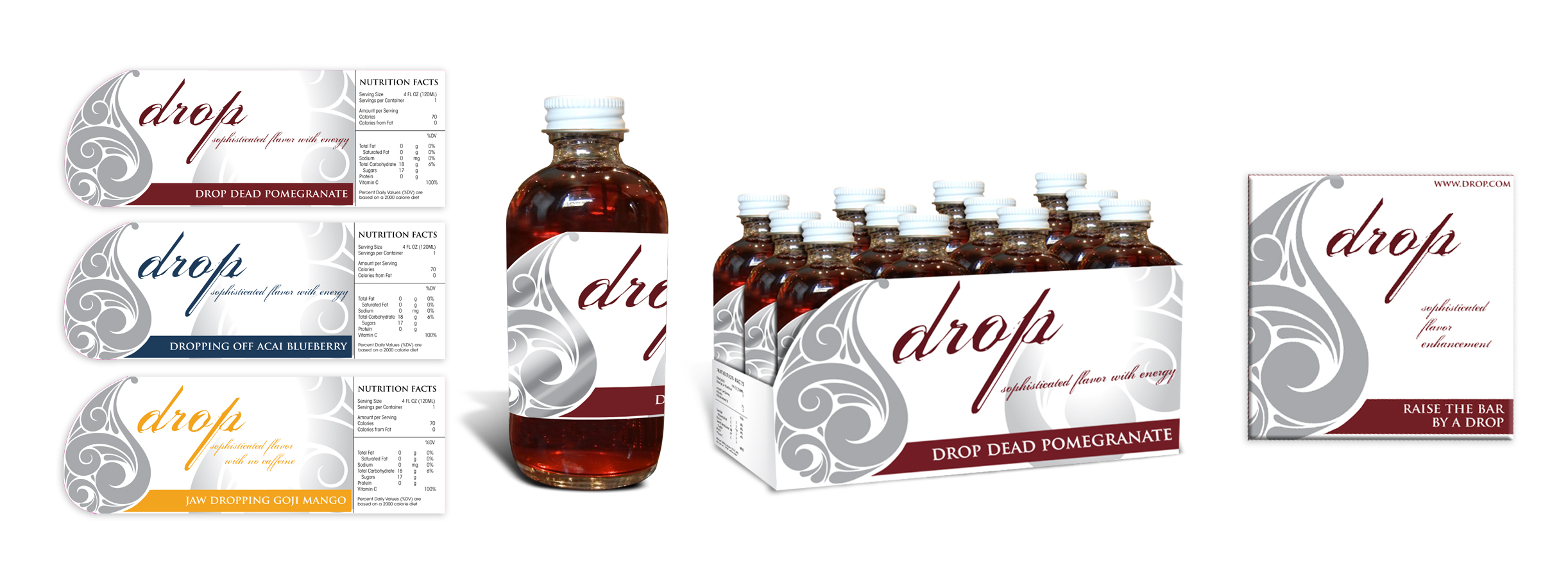 Beverage Company / Drop / Alternative Packaging Design Bottle labels, bottle and table top packaging, Bar Napkin
