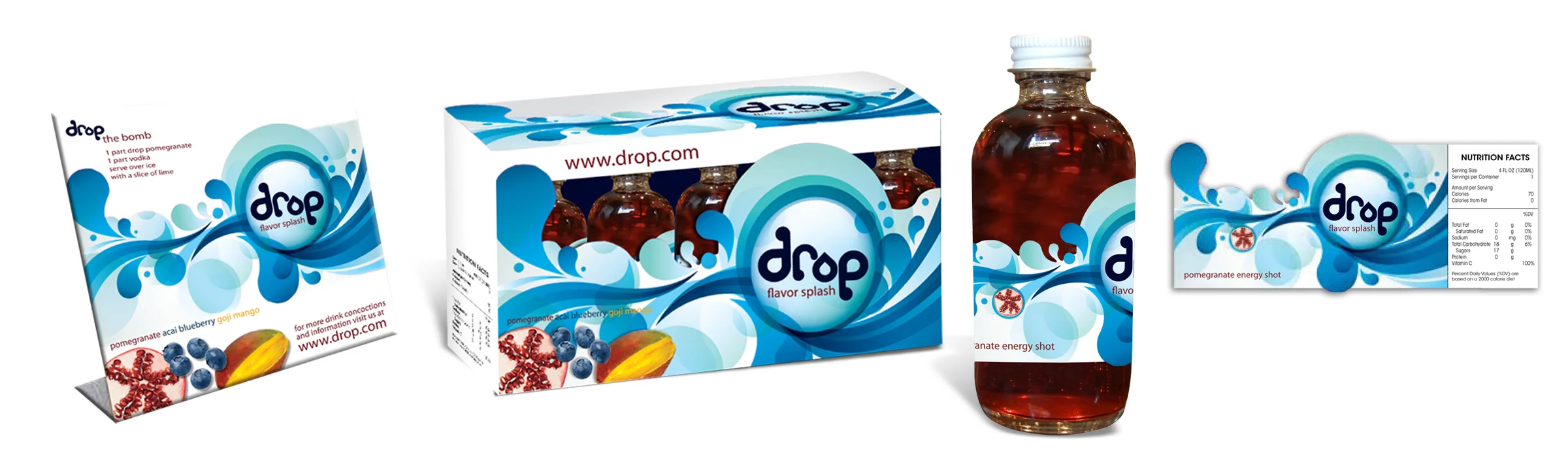 Beverage Company / Drop / Packaging Design POS POstcard, packaging, Bottle and label