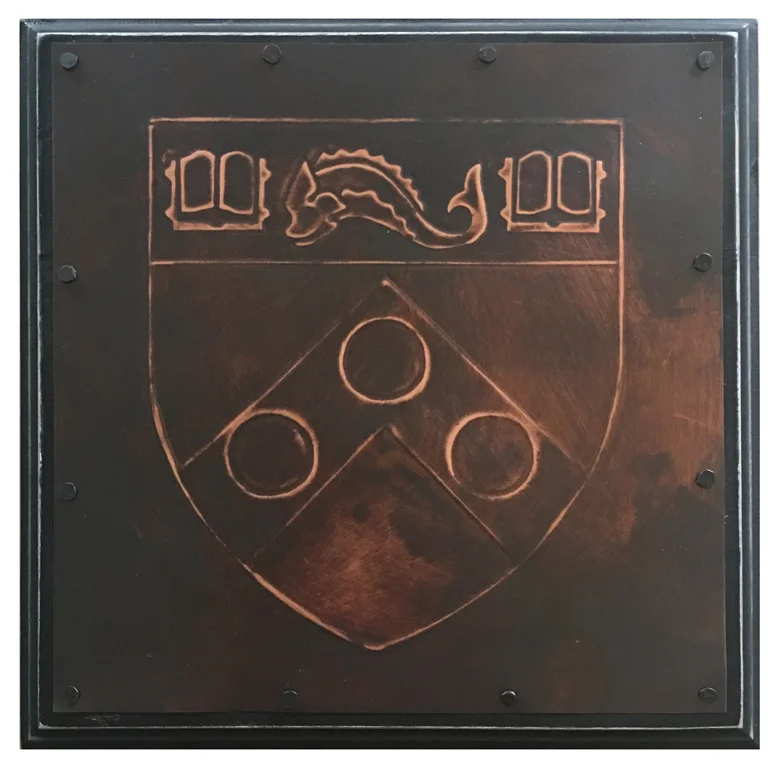 University of Pennsylvania shield 8 x 8” copper mounted on wood