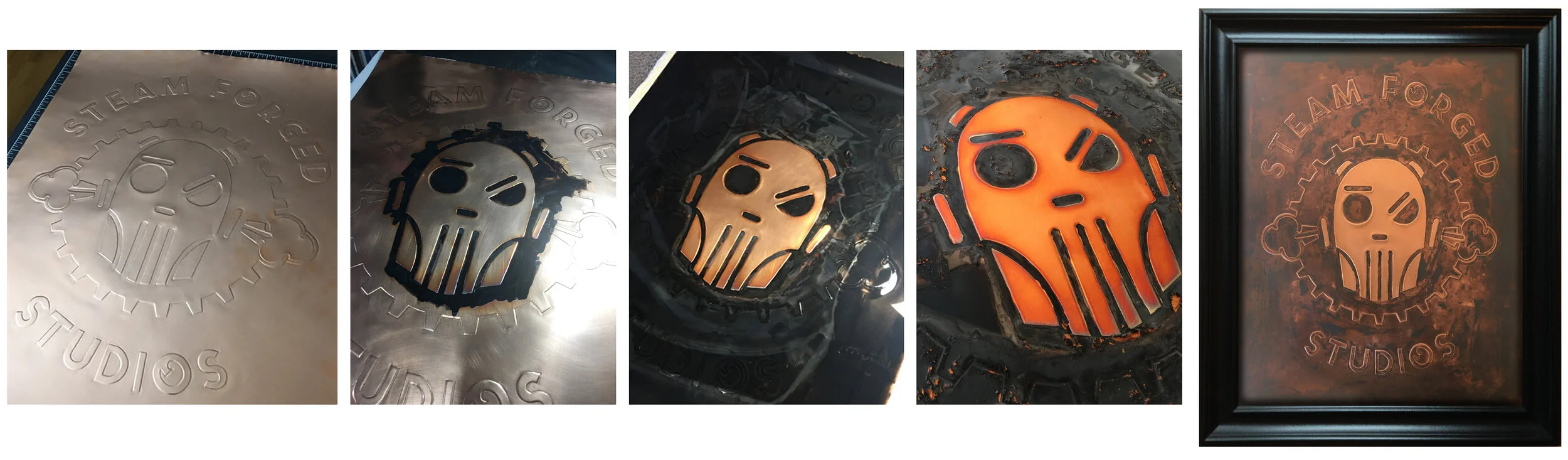 This is a company logo, hand drawn on an 16x20” sheet of copper. Then the piece is carefully hand painted with the antiquing solution to preserve the original bright color of the copper. Finally, the copper is cleaned and sealed to maintain color.