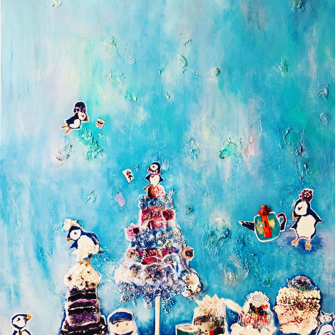The Puffins: The Tea Party, 2019 48 x 36 x 1.5 in Mixed Media
