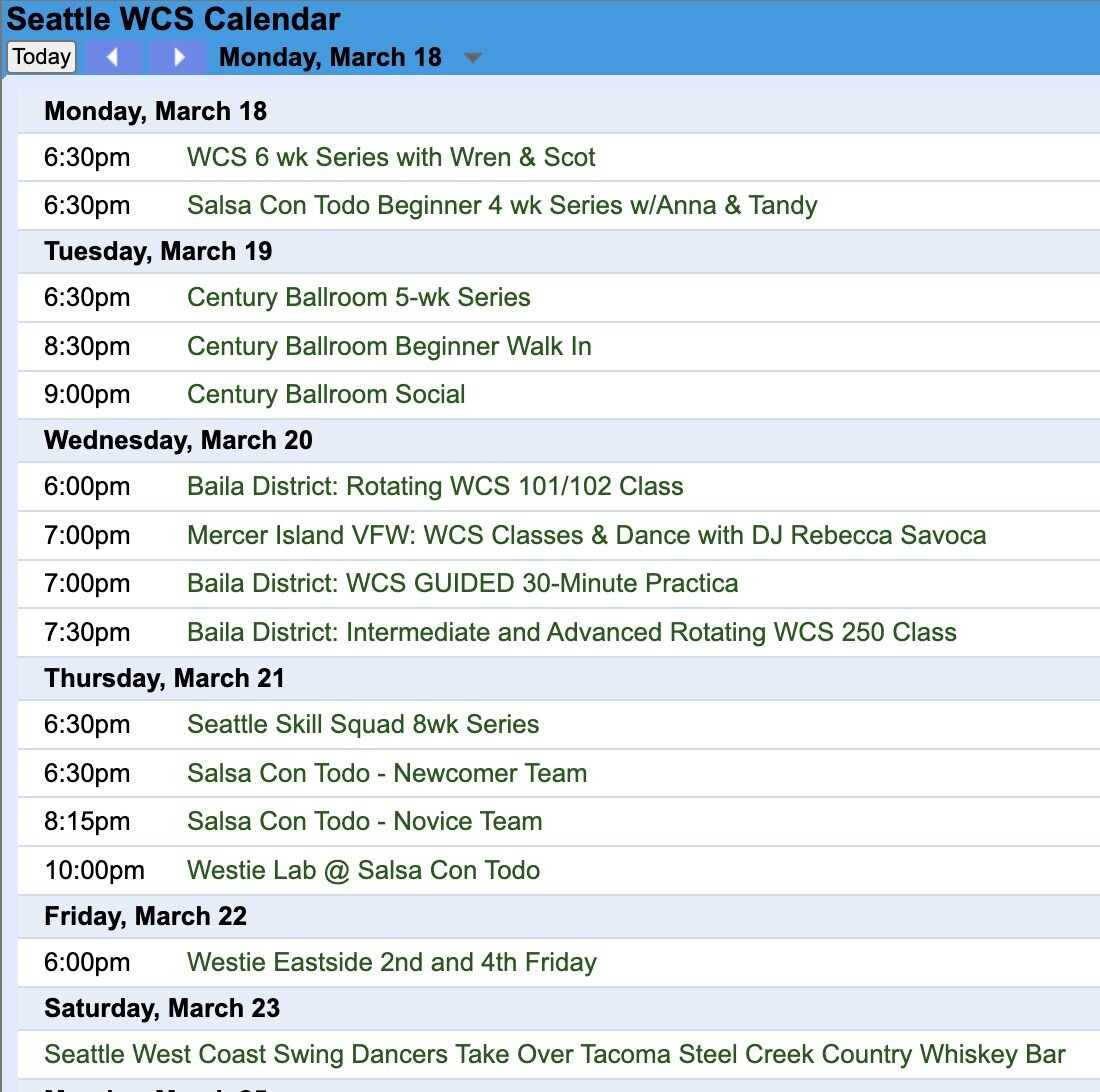 🗓️ #ThisWeek in Seattle WCS! 📆

With many regularly scheduled weekly classes, we're closing the week with a special field trip to @steelcreektacoma. 

🗓️ Check out our whole Seattle WCS Calendar at our #linkinbio

#seattlewcscalendar
#seattlewestc