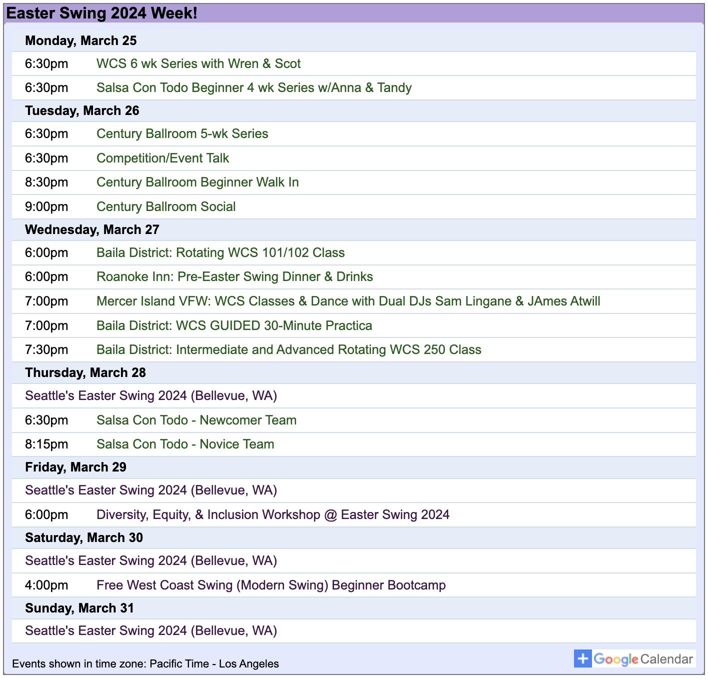 🗓️ #ThisWeek in Seattle WCS! 📆

@easterswingwcs is finally upon us and we are ready to host you all soon with notable activities including:

🍔 Wed 3/27 Pre-ES Dinner &amp; Drinks @ @roanokeinn 
📌 Thu 3/28 Easter Swing 2024 starts @ @hyattregencyb