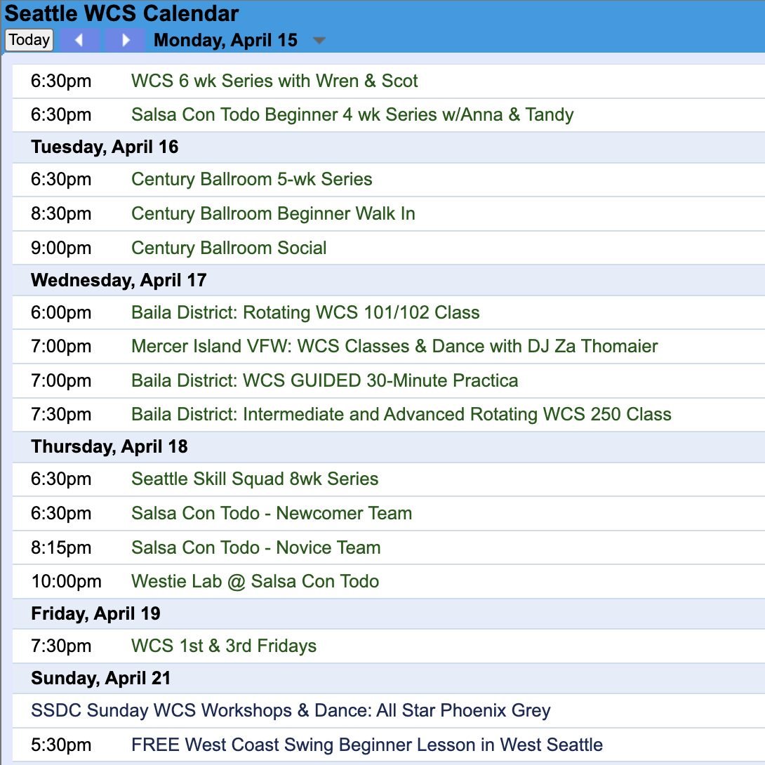 🗓️ #ThisWeek in Seattle WCS 🗓️

What a great reminder of all the amazing things our dance scene has, including ending our week with SSDC Sunday 4/21 WCS Workshops &amp; Dance with @phoenixdgrey! Check out all details at our calendar #linkinbio #wes