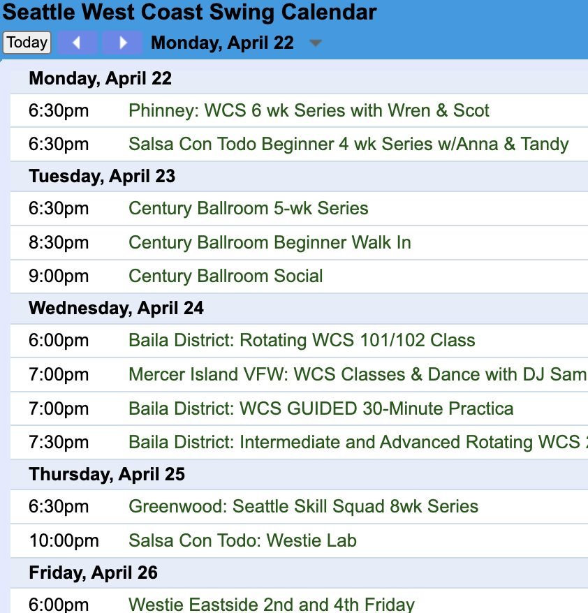 🗓️ #ThisWeek in Seattle WCS 🗓️

Happy #EarthDay! Do your part in keeping it green and dance #WestCoastSwing almost every night in Seattle by checking 'calendar' #linkinbio.

#wcs #modernswing #dance #seattle