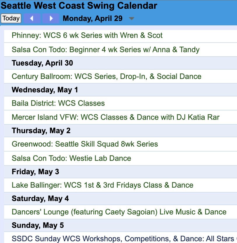 🗓️ This Week in Seattle WCS 🗓️ 

Happy International Dance Day! It ends with a live music field trip and ends with our first SSDC Sunday 5/5 with @dancingrealtorcarlie &amp; @chris.on945 ! Click event title for more details at our 'calendar' #linki